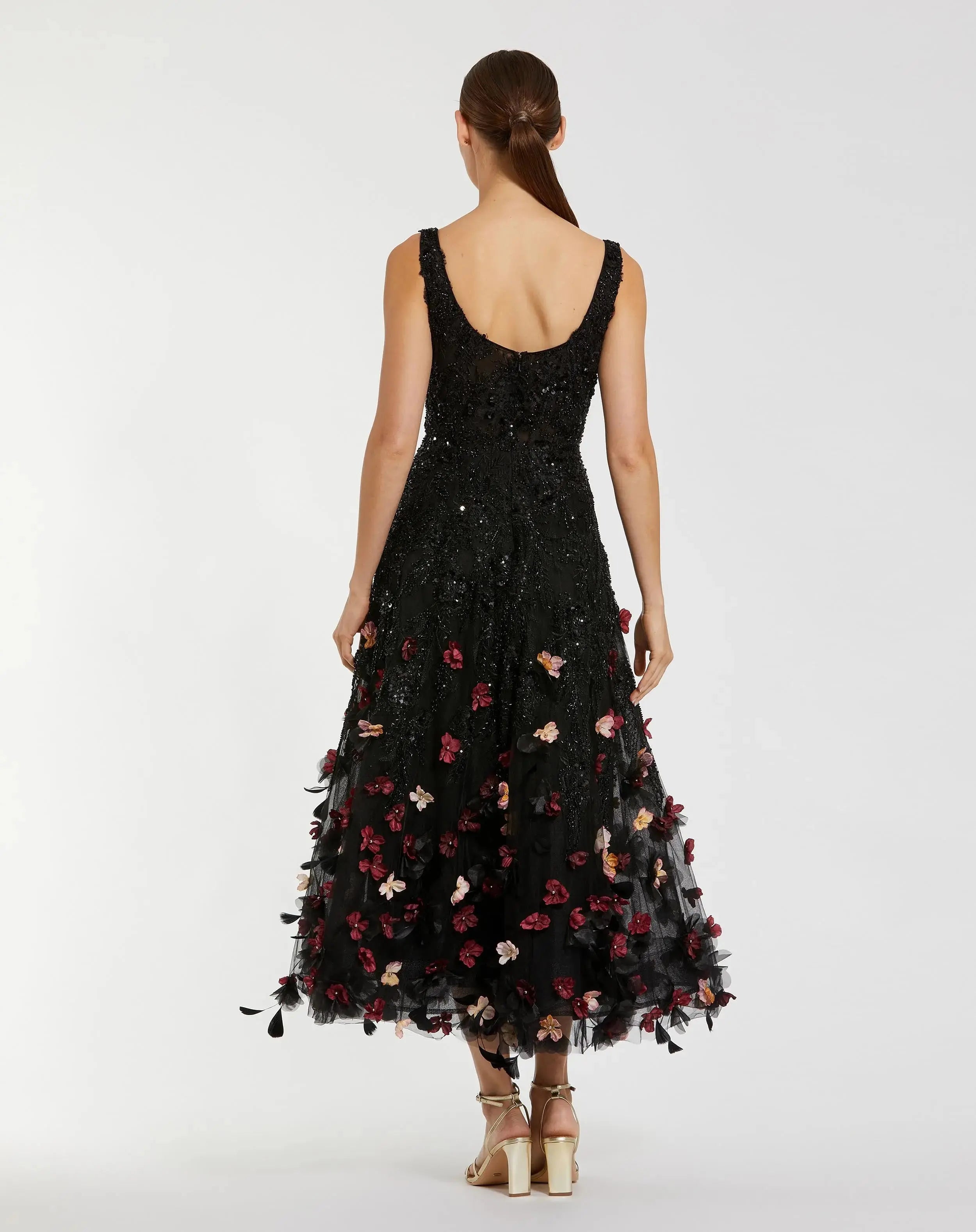 Black Sleeveless Beaded Midi Dress With 3D Flowers-Myartka