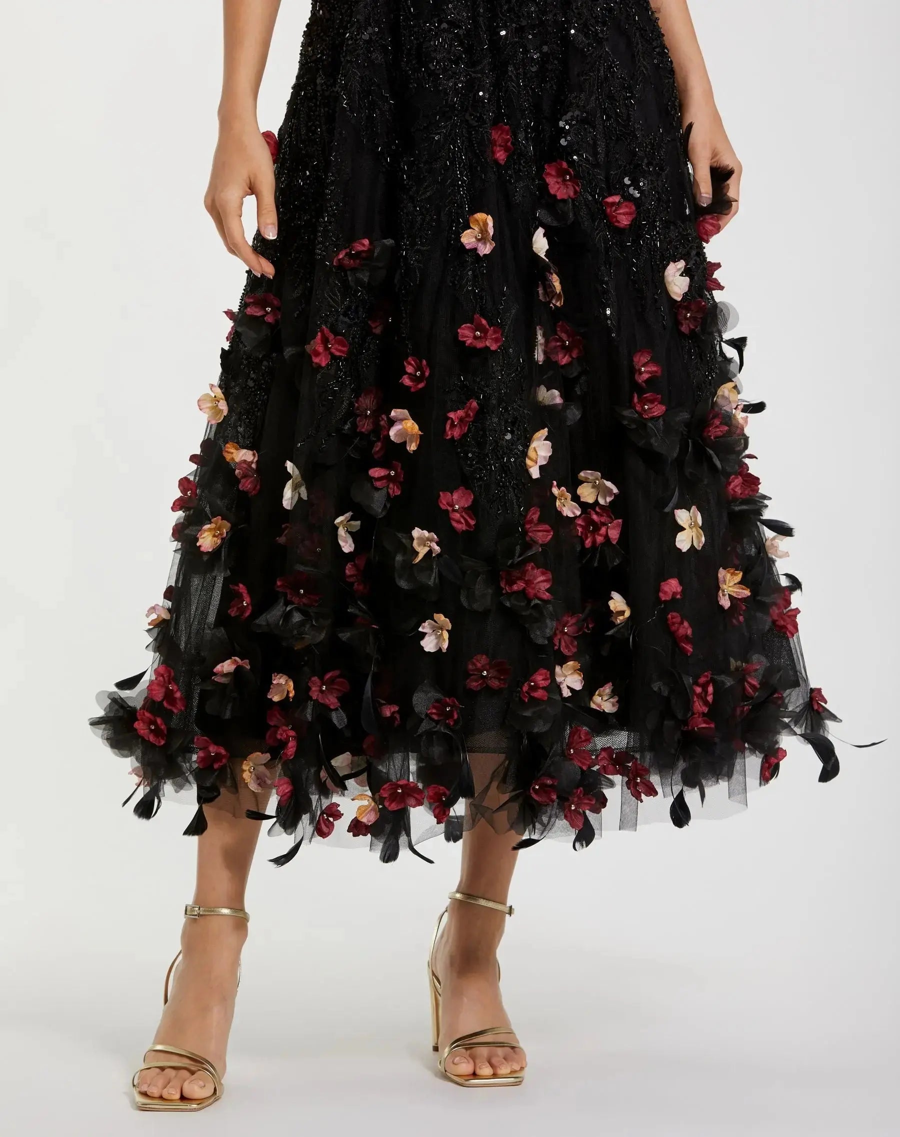 Black Sleeveless Beaded Midi Dress With 3D Flowers-Myartka