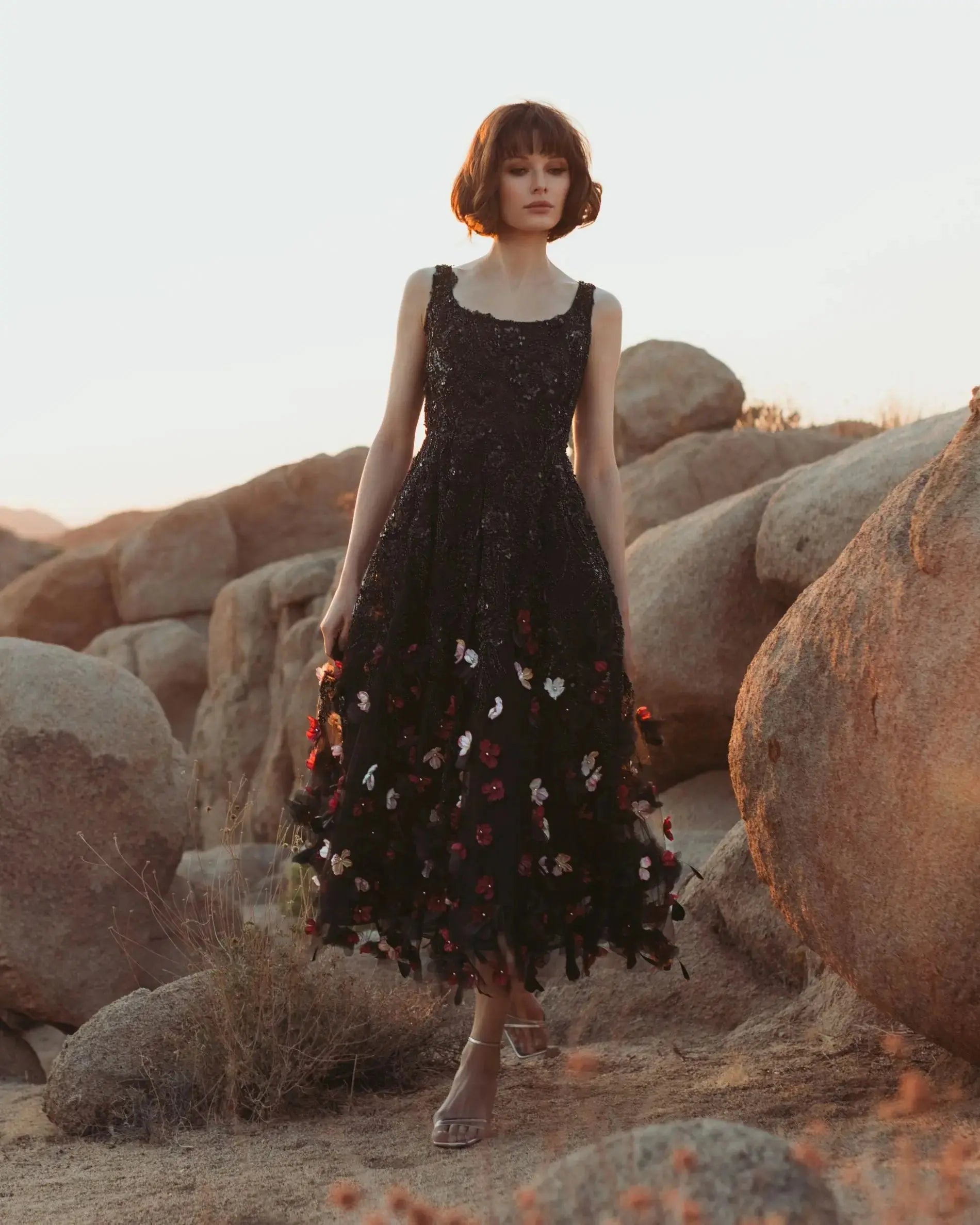 Black Sleeveless Beaded Midi Dress With 3D Flowers-Myartka