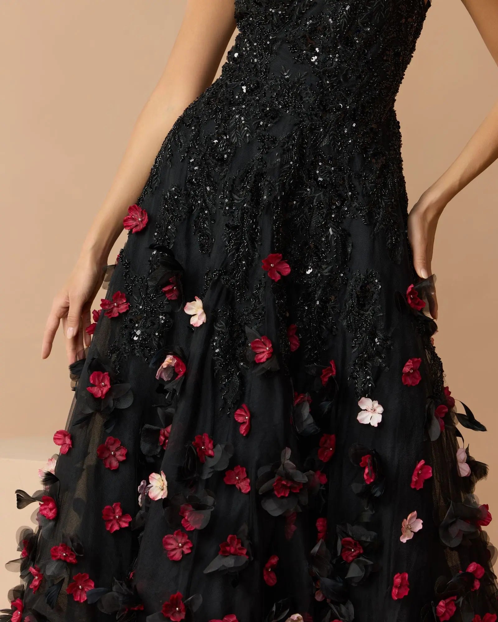 Black Sleeveless Beaded Midi Dress With 3D Flowers-Myartka