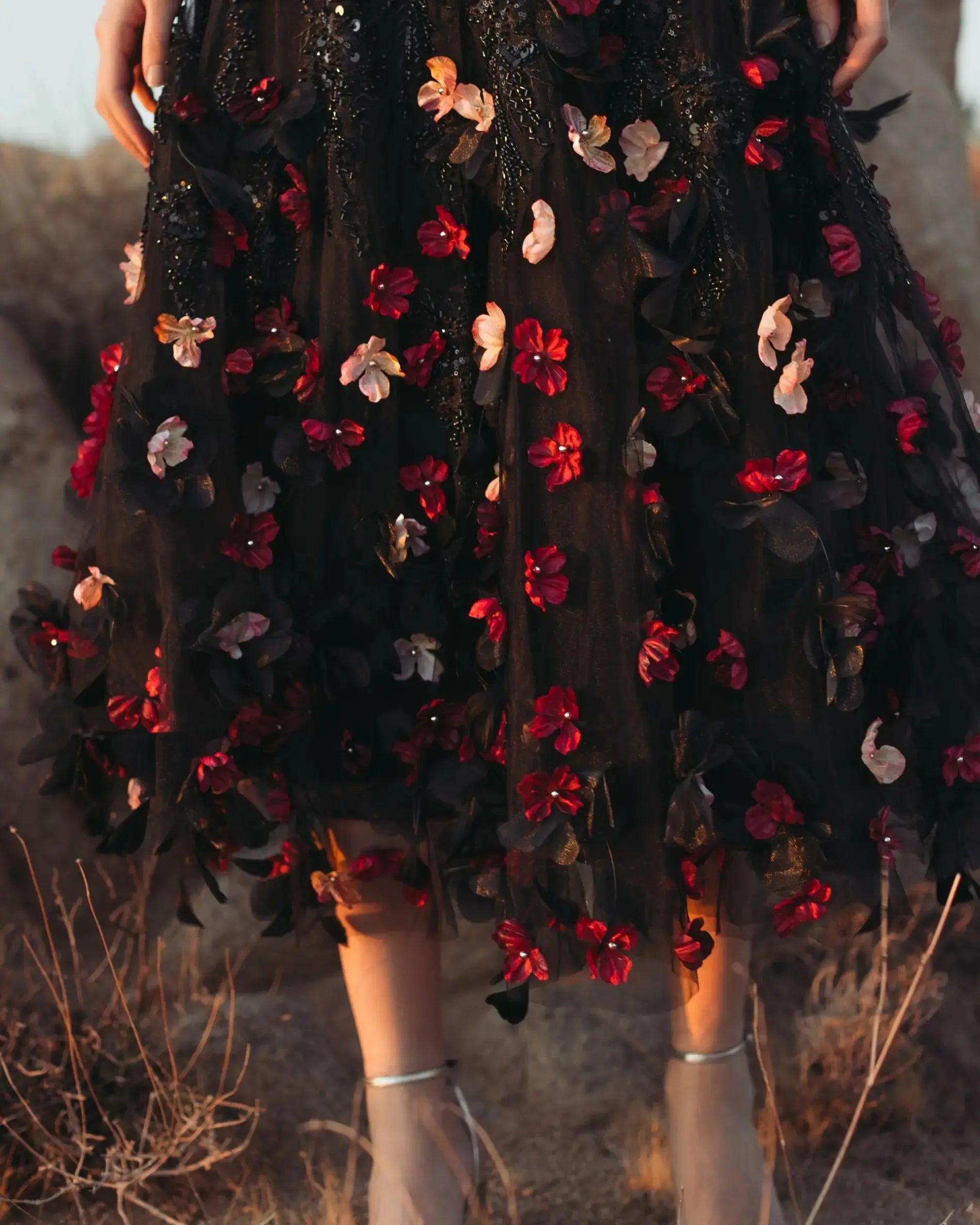 Black Sleeveless Beaded Midi Dress With 3D Flowers-Myartka