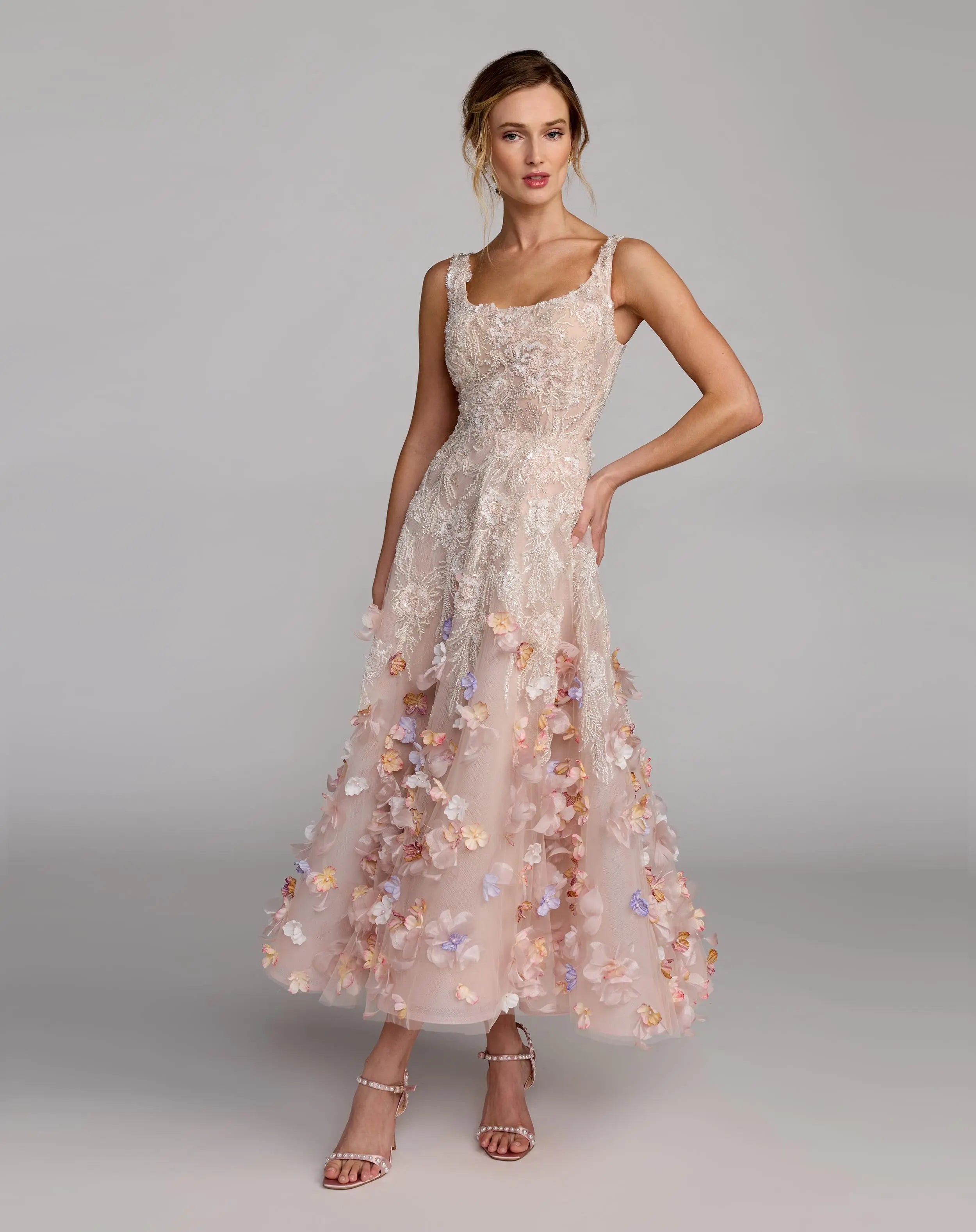 Pink Sleeveless Beaded Midi Dress With 3D Flowers-Myartka