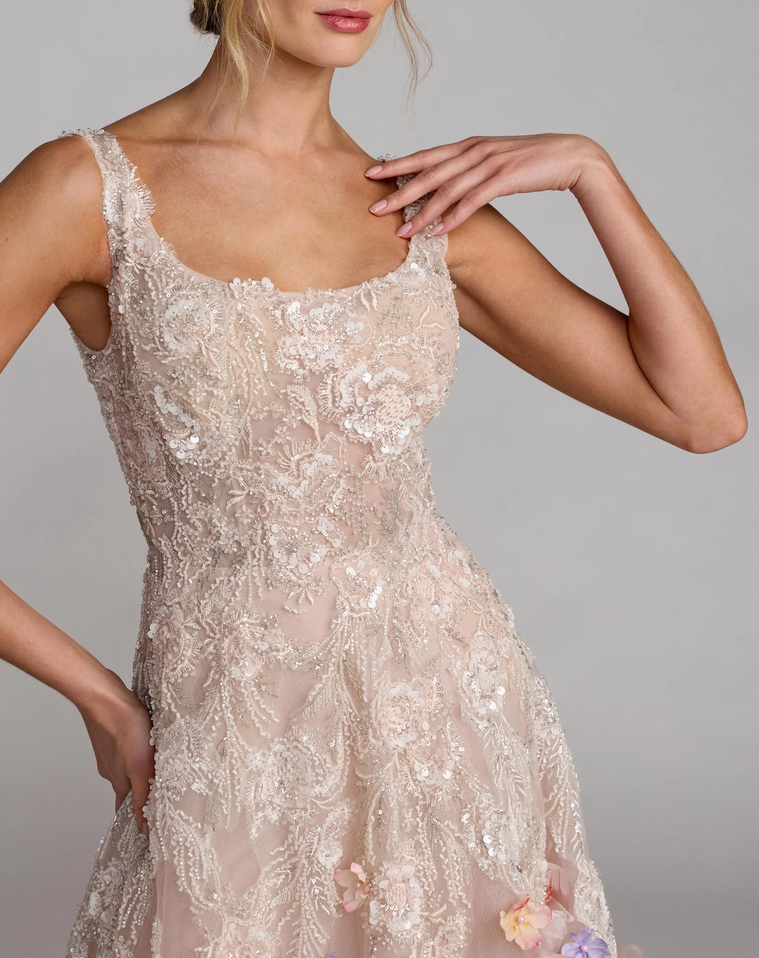 Pink Sleeveless Beaded Midi Dress With 3D Flowers-Myartka