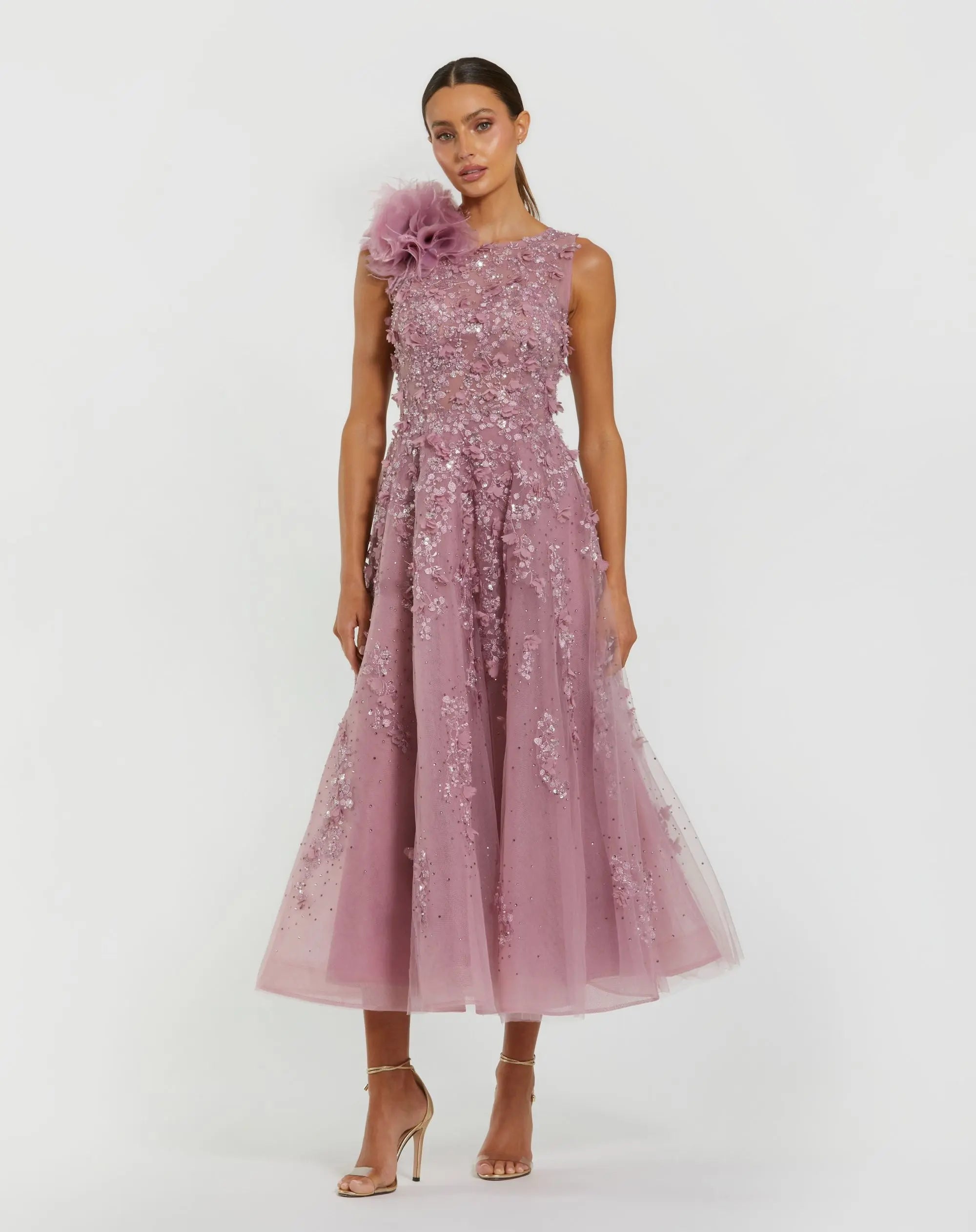 Purple High Neck Embellished Midi Dress with 3D Flower-Myartka