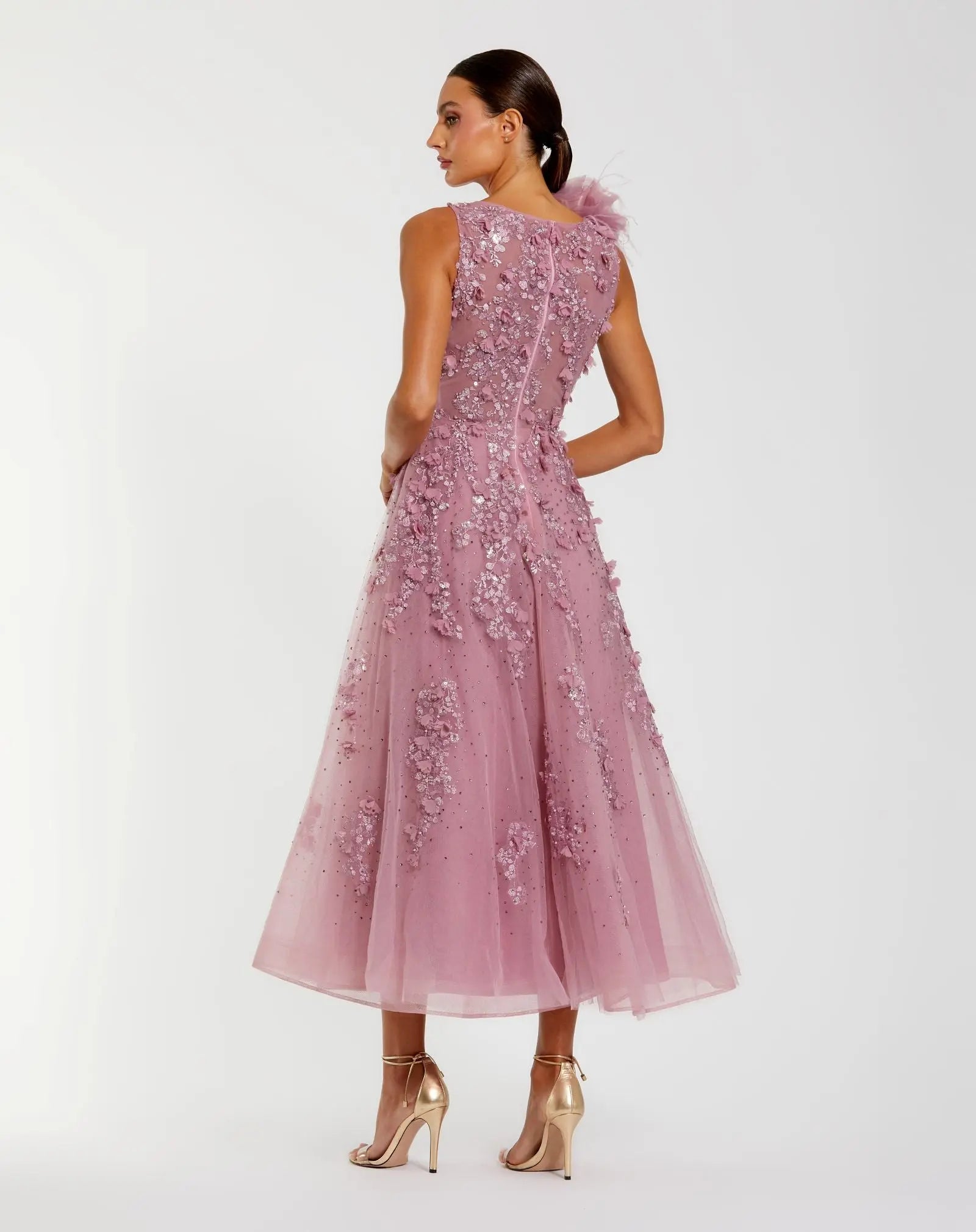 Purple High Neck Embellished Midi Dress with 3D Flower-Myartka