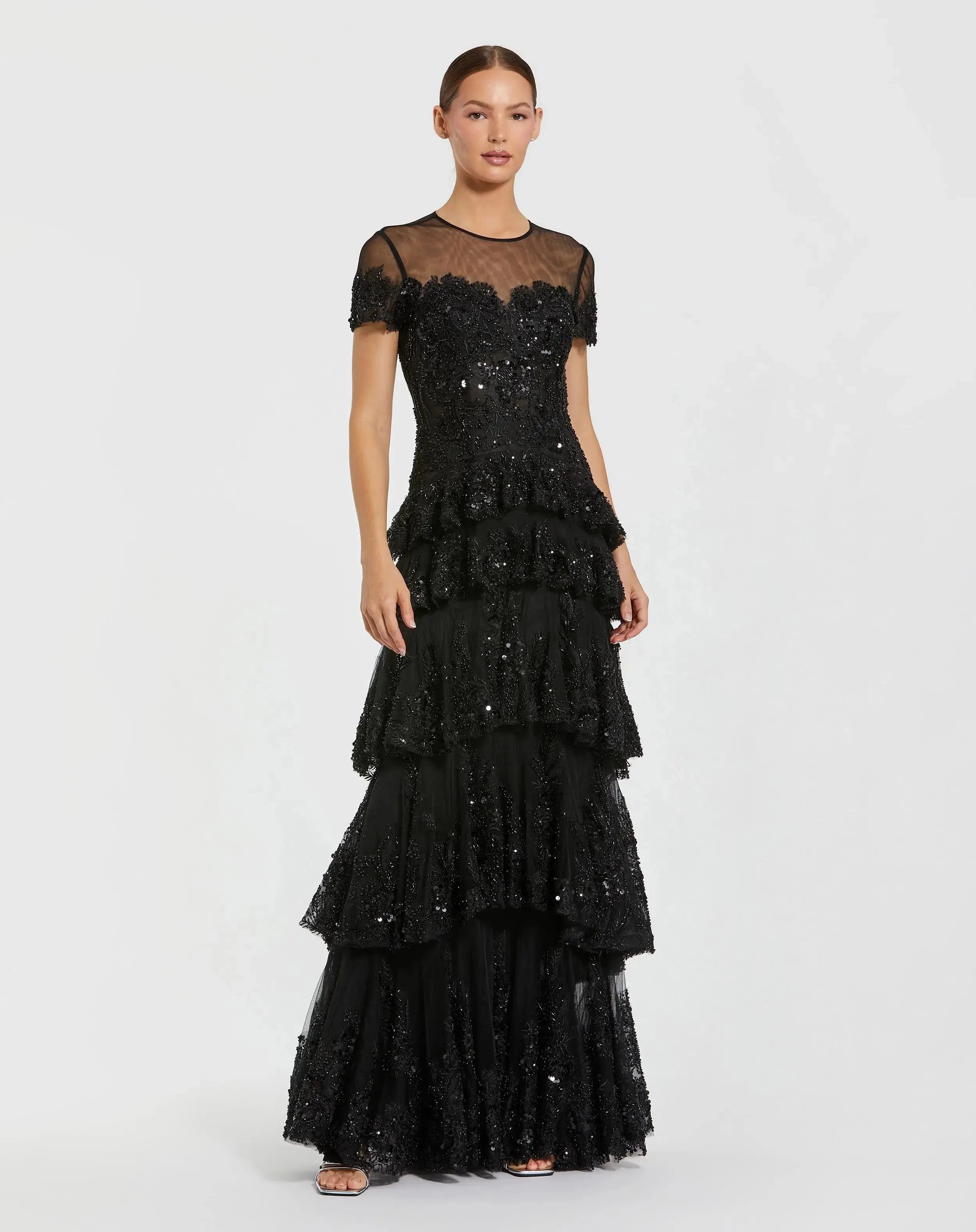 Black Embellished High Neck Gown With Tiered Ruffle Skirt-Myartka
