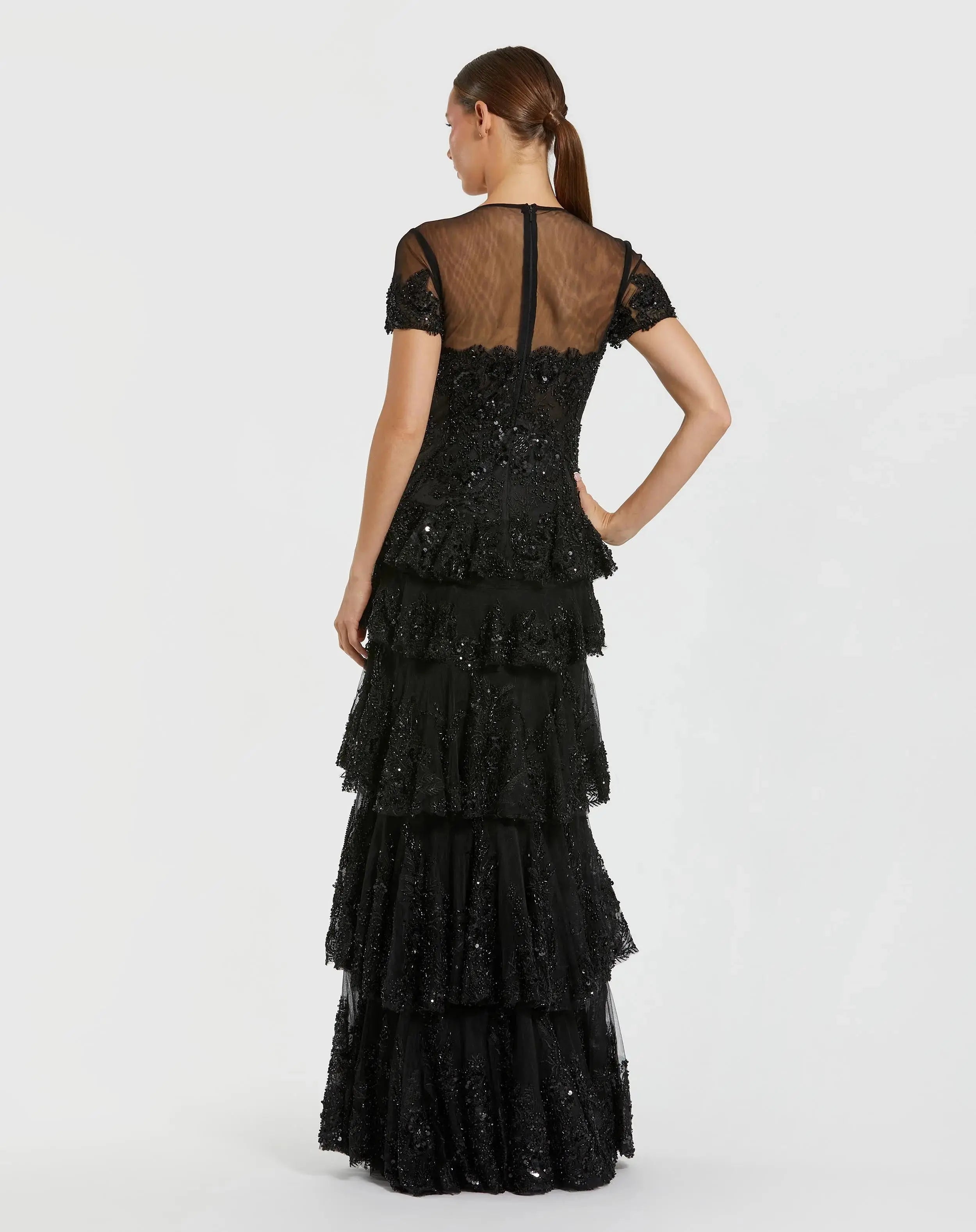Black Embellished High Neck Gown With Tiered Ruffle Skirt-Myartka