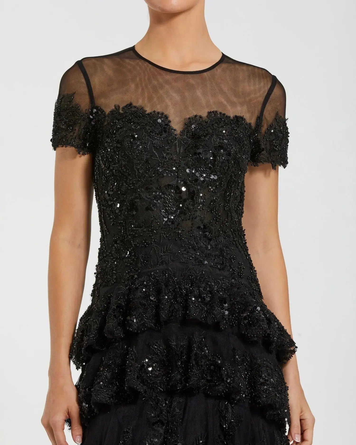Black Embellished High Neck Gown With Tiered Ruffle Skirt-Myartka