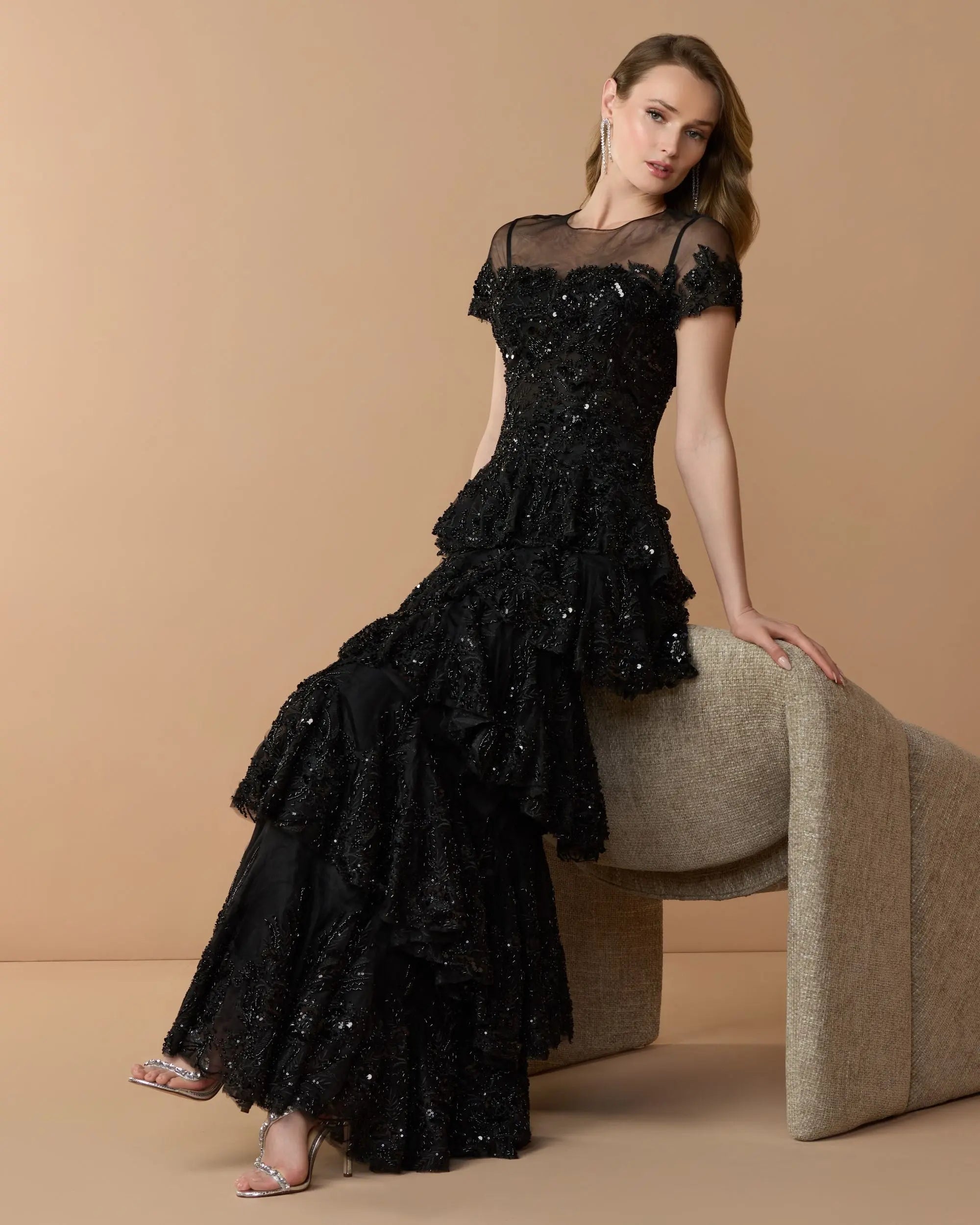 Black Embellished High Neck Gown With Tiered Ruffle Skirt-Myartka