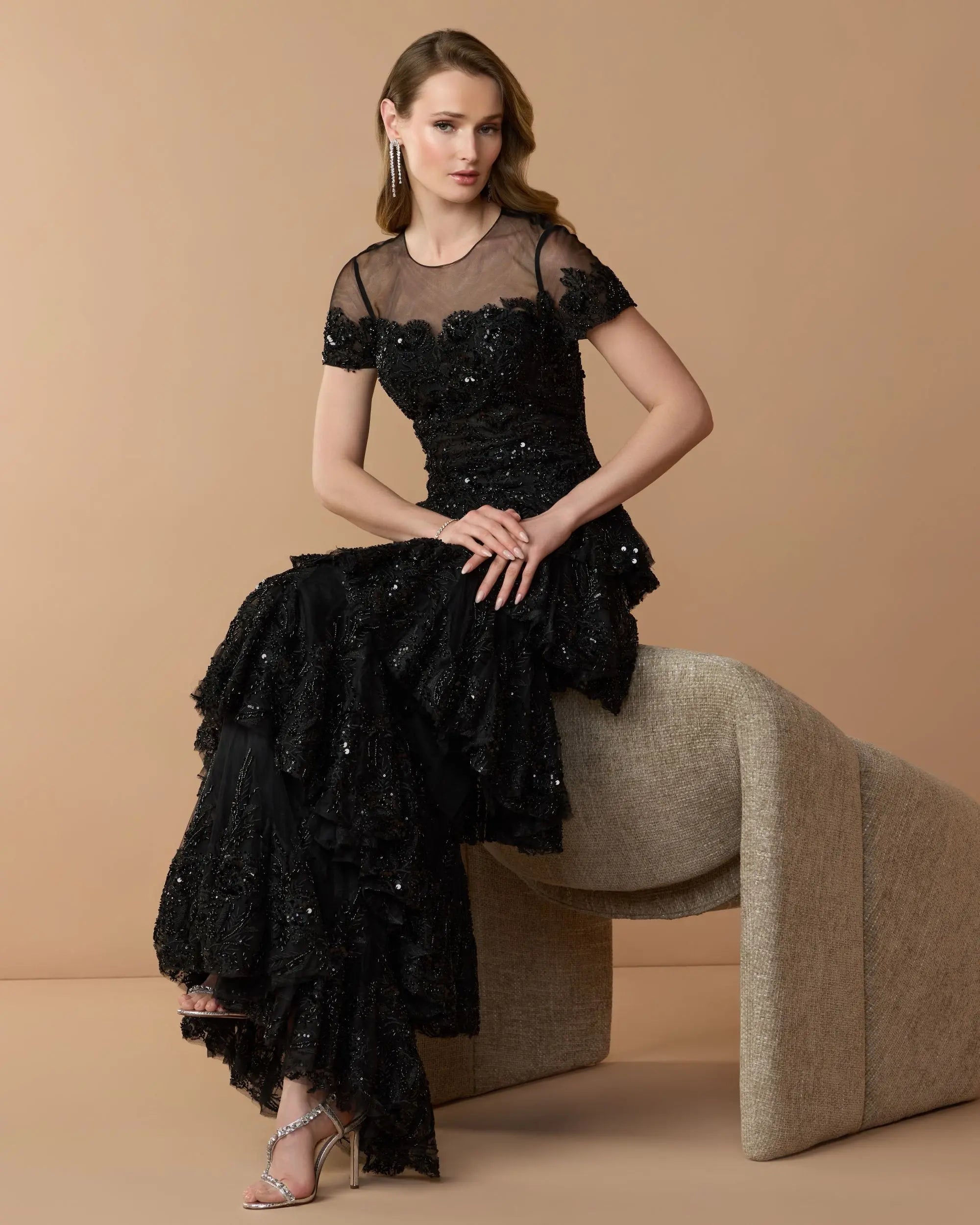 Black Embellished High Neck Gown With Tiered Ruffle Skirt-Myartka