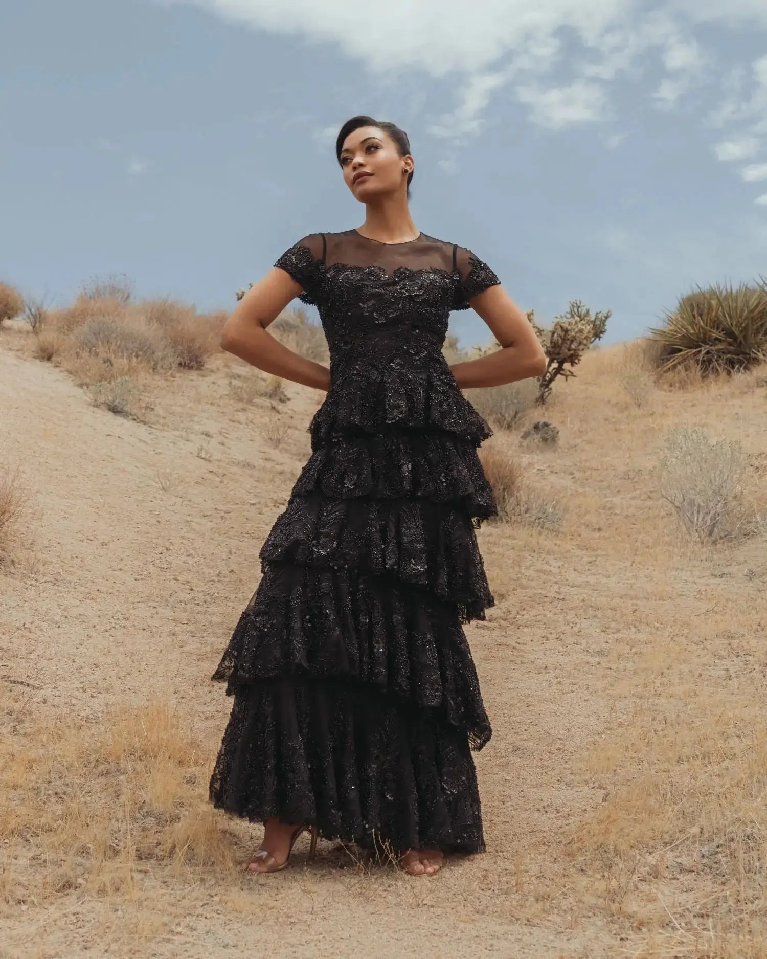 Black Embellished High Neck Gown With Tiered Ruffle Skirt-Myartka