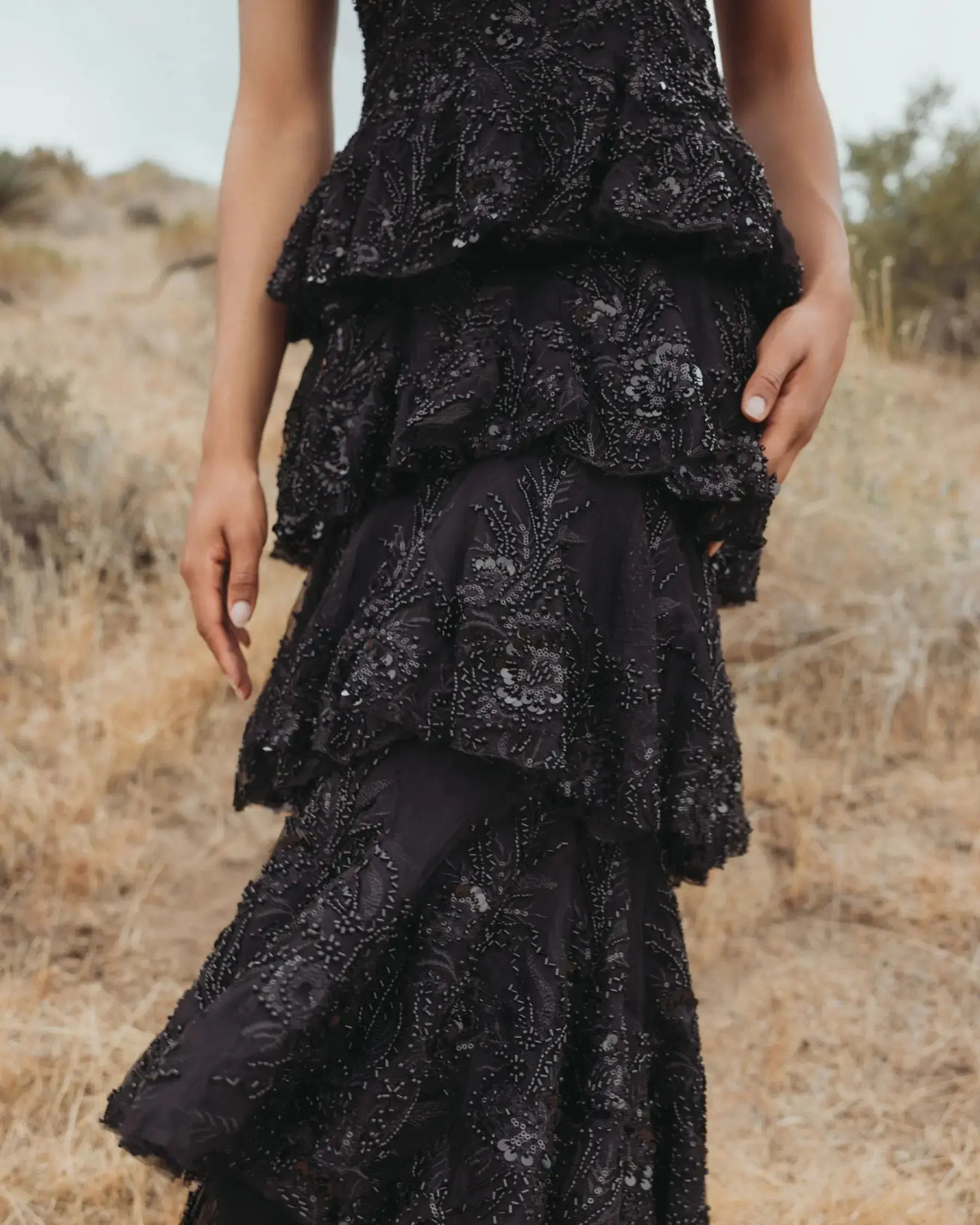 Black Embellished High Neck Gown With Tiered Ruffle Skirt-Myartka