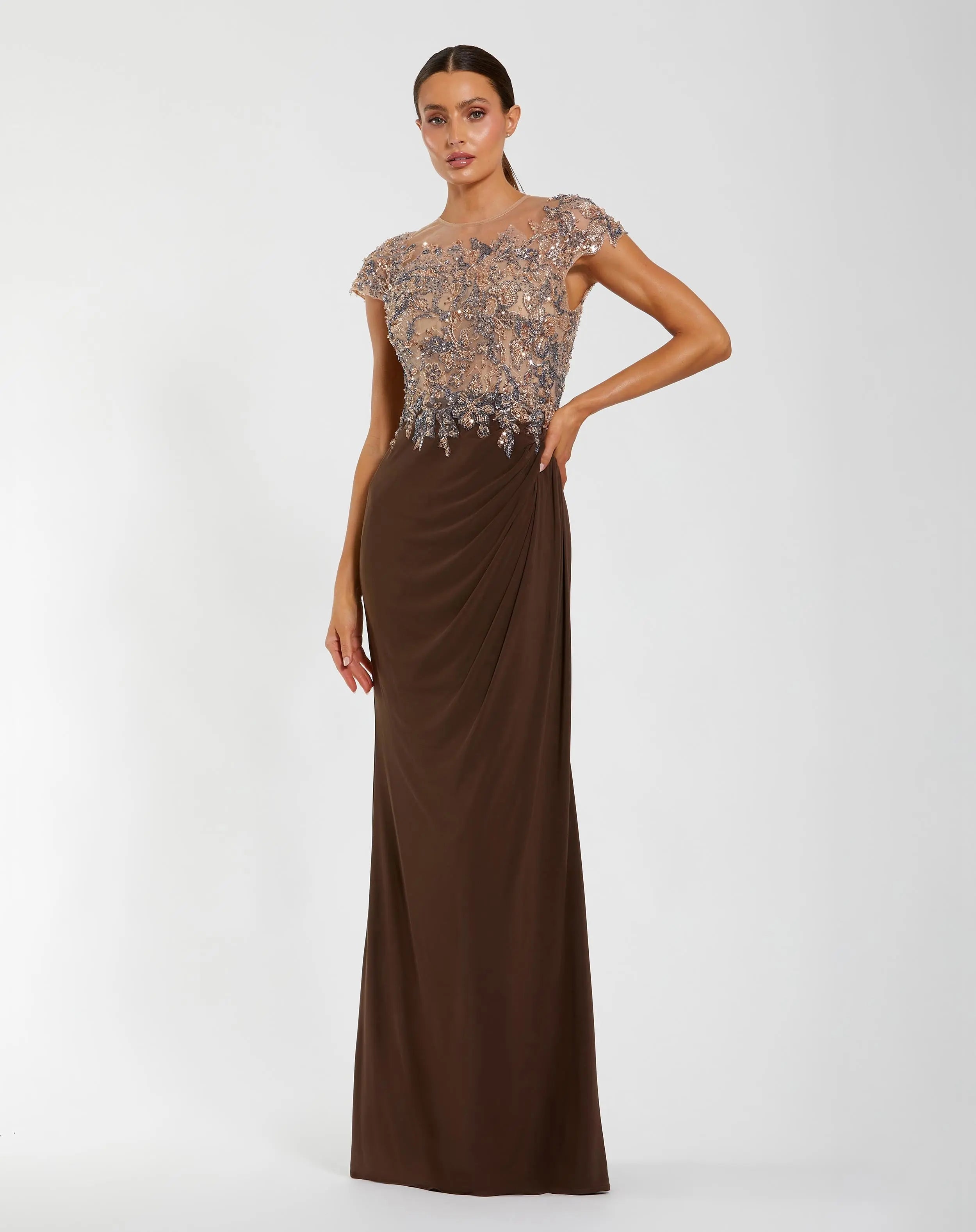 Brown Crystal Applique Embellished Jersey Gown-Myartka