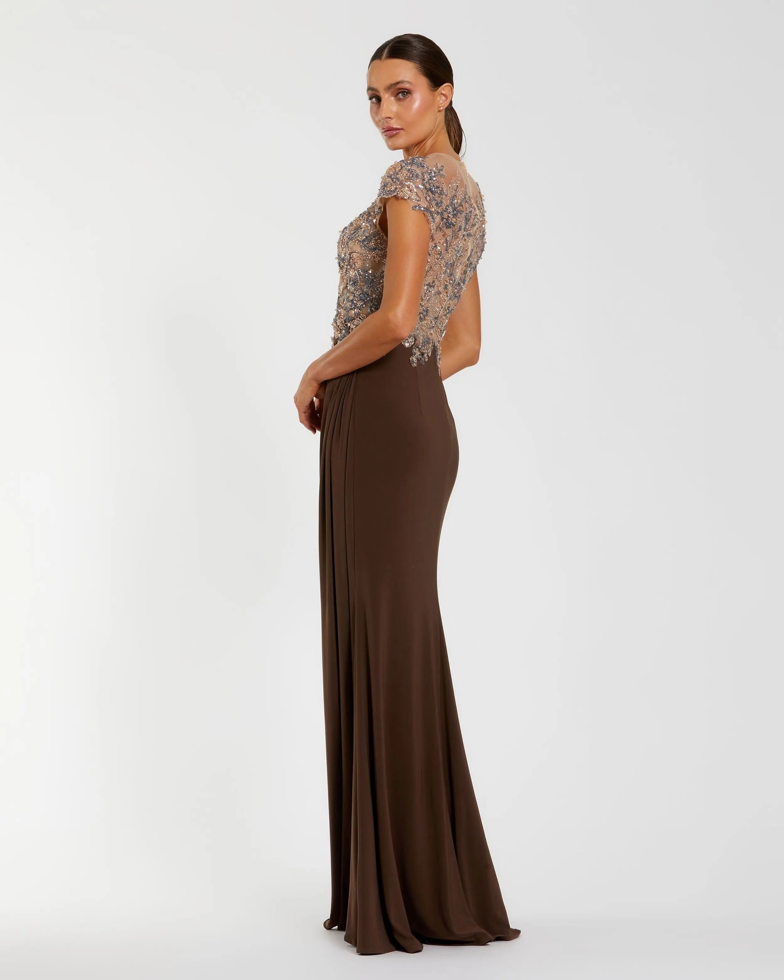 Brown Crystal Applique Embellished Jersey Gown-Myartka