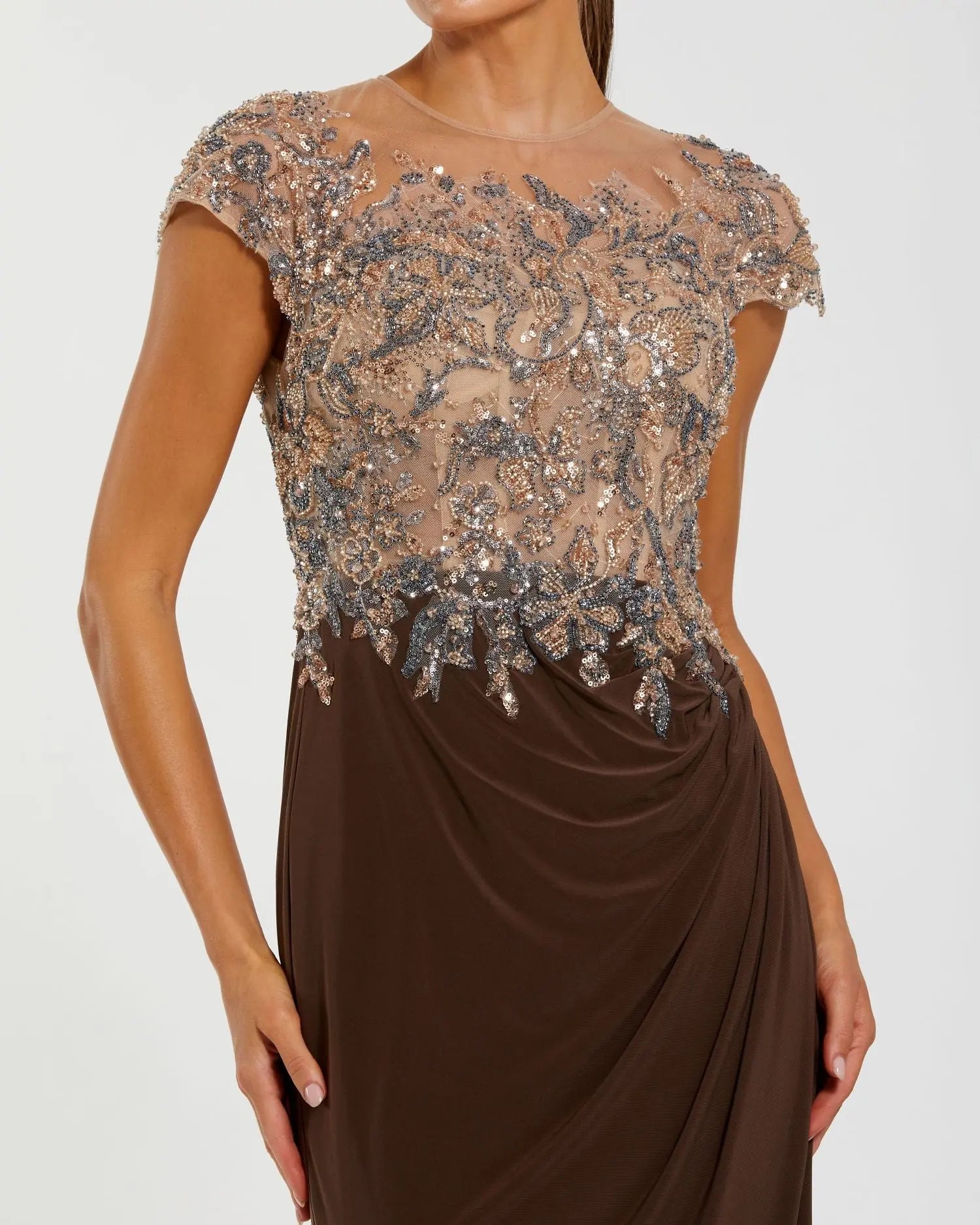 Brown Crystal Applique Embellished Jersey Gown-Myartka