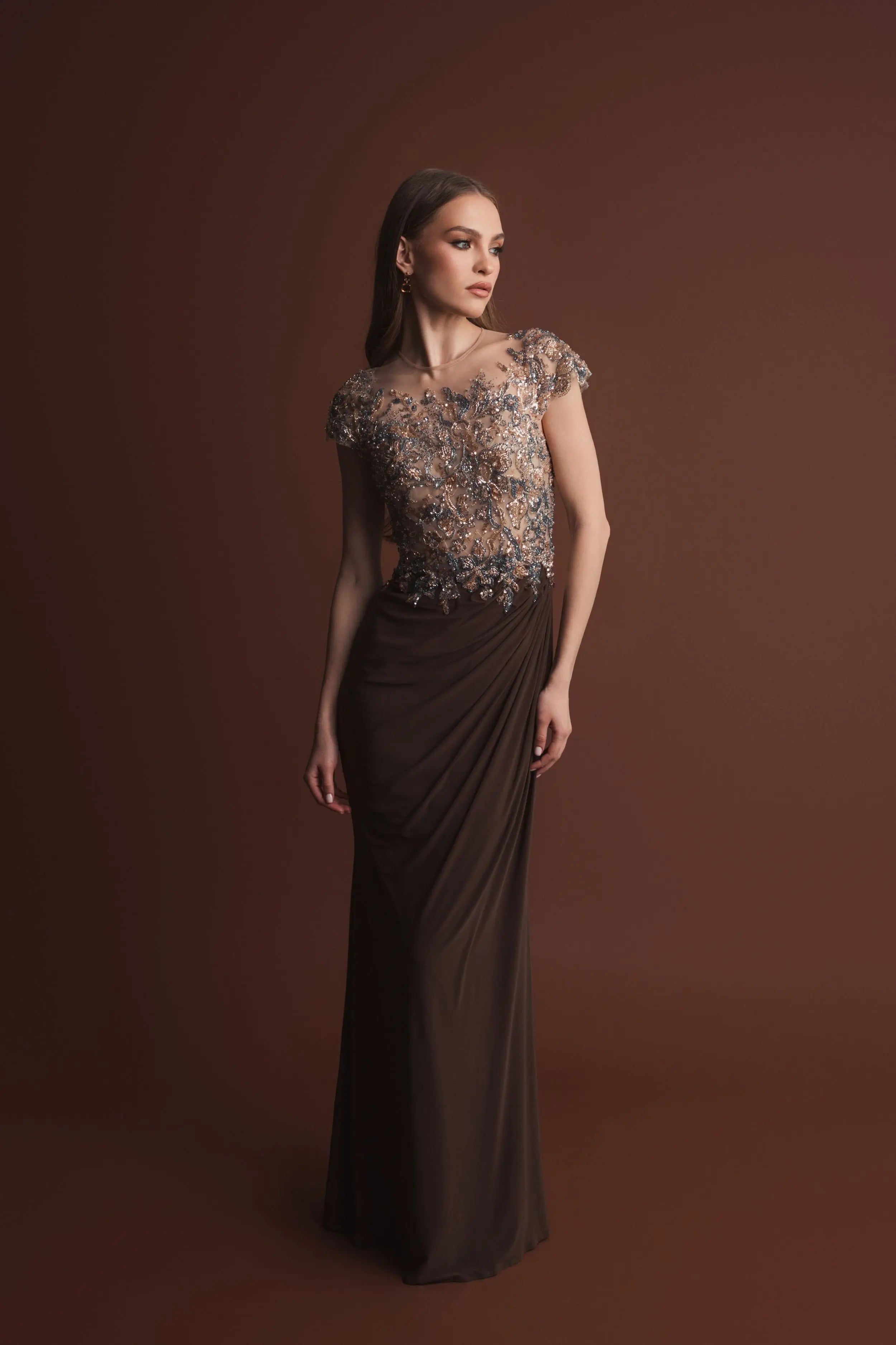 Brown Crystal Applique Embellished Jersey Gown-Myartka