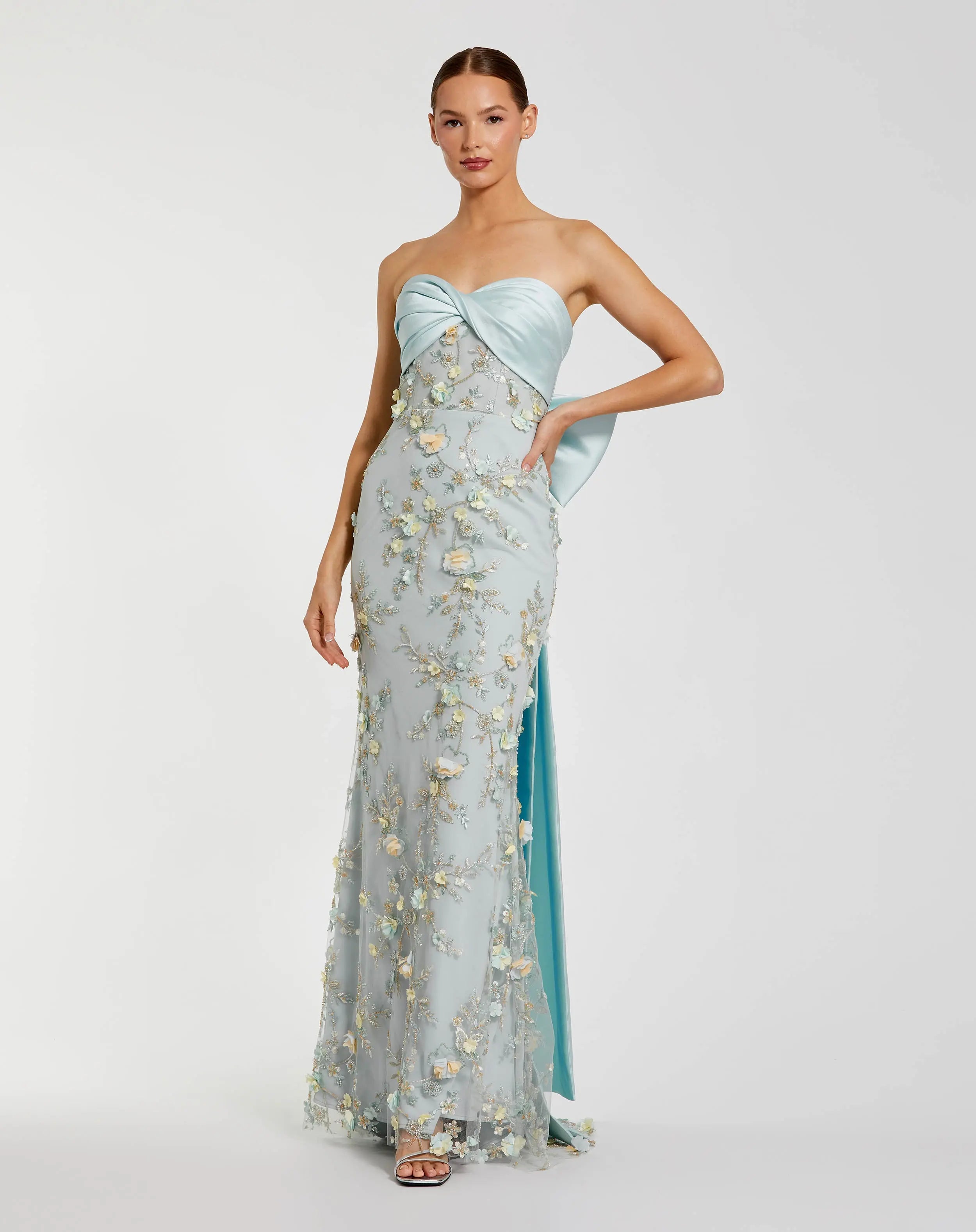 Blue Strapless Sweetheart Embellished Gown With Bow-Myartka
