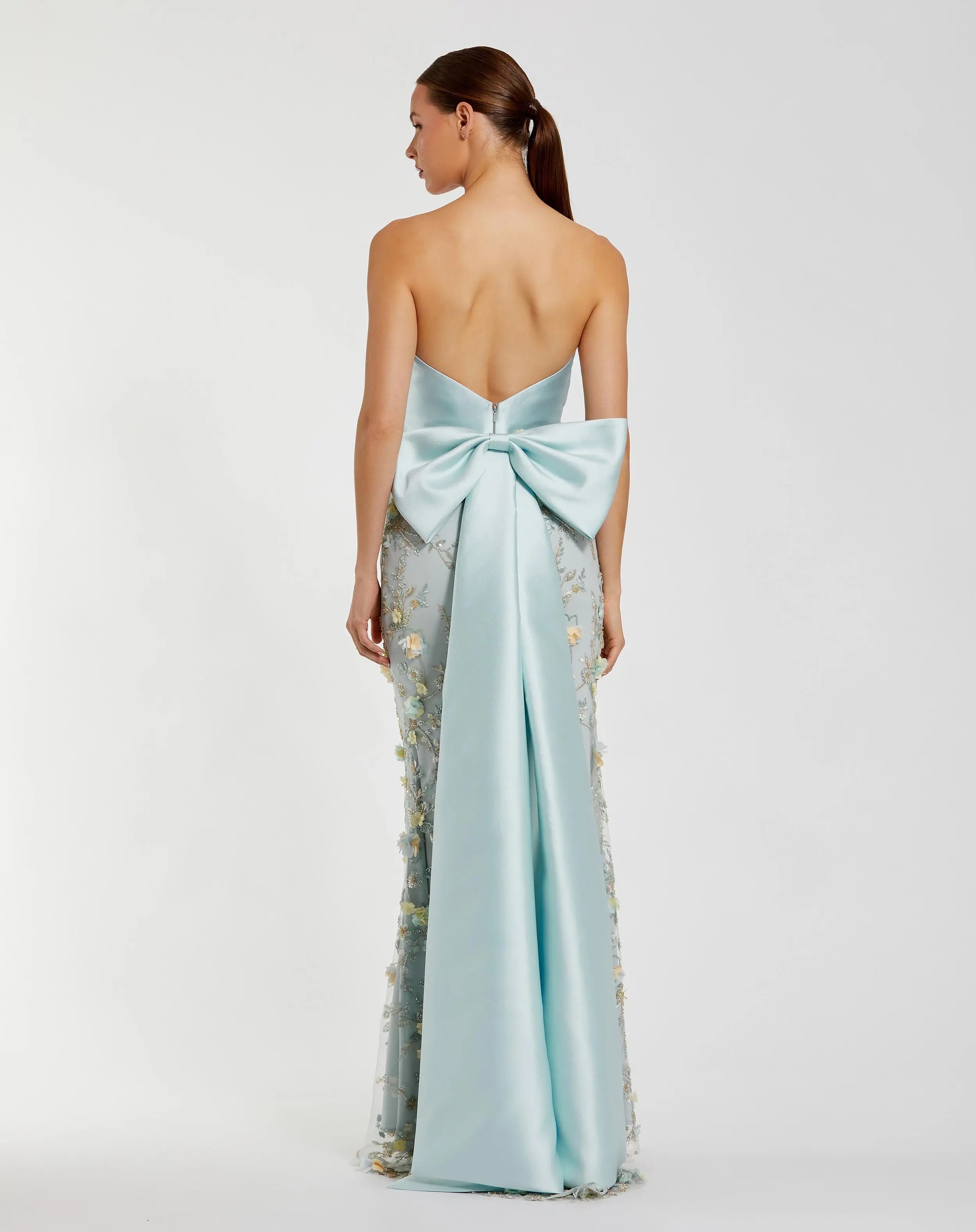 Blue Strapless Sweetheart Embellished Gown With Bow-Myartka