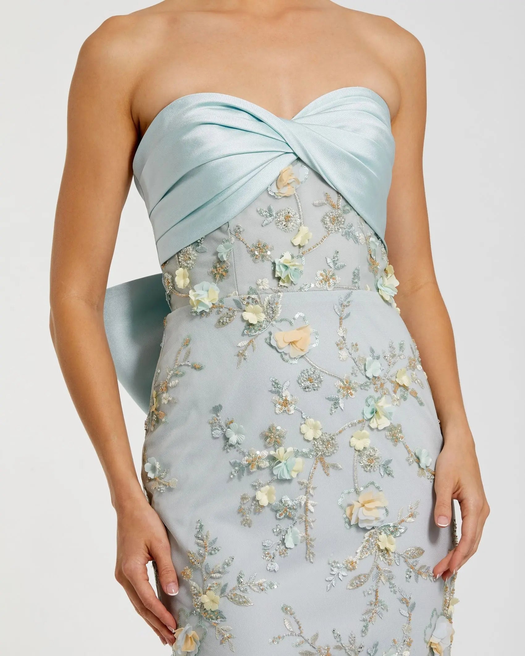 Blue Strapless Sweetheart Embellished Gown With Bow-Myartka
