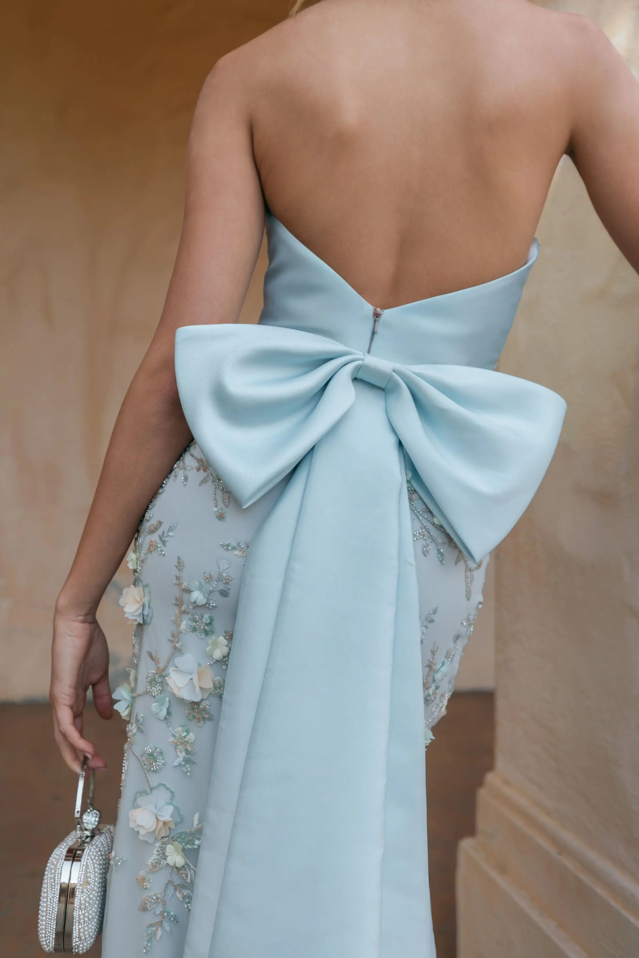 Blue Strapless Sweetheart Embellished Gown With Bow-Myartka