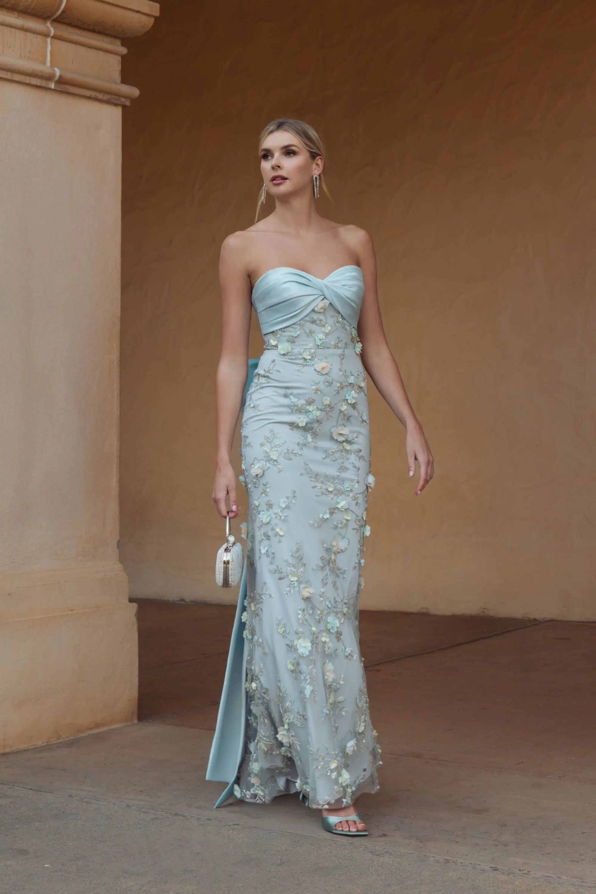 Blue Strapless Sweetheart Embellished Gown With Bow-Myartka