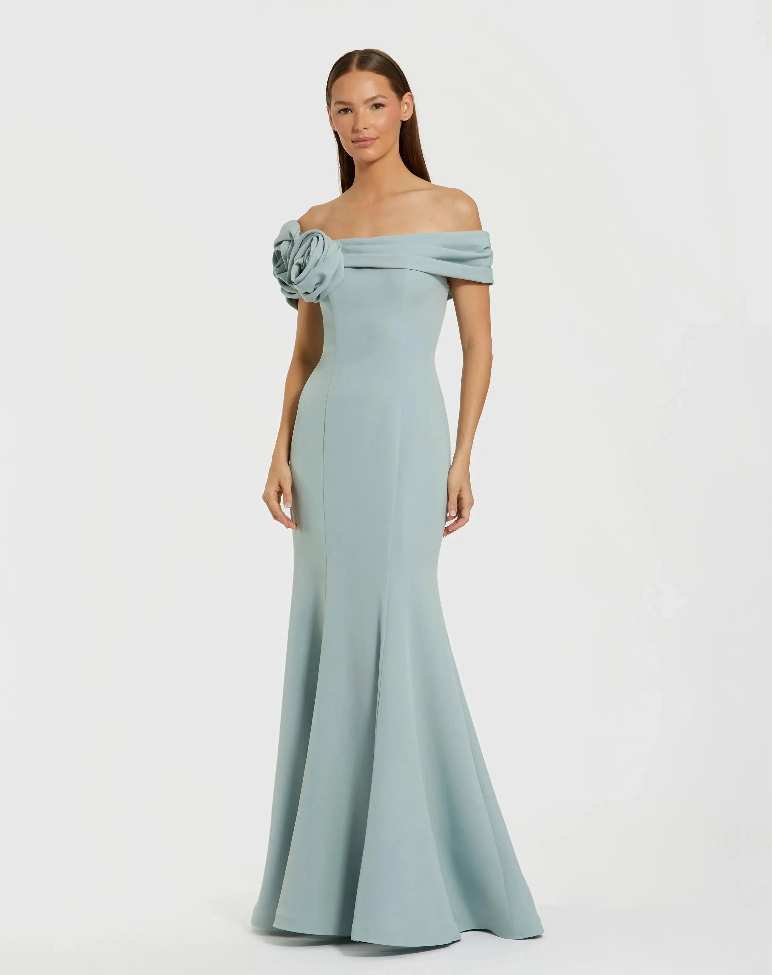 Blue Off The Shoulder Crepe Mermaid Gown-Myartka