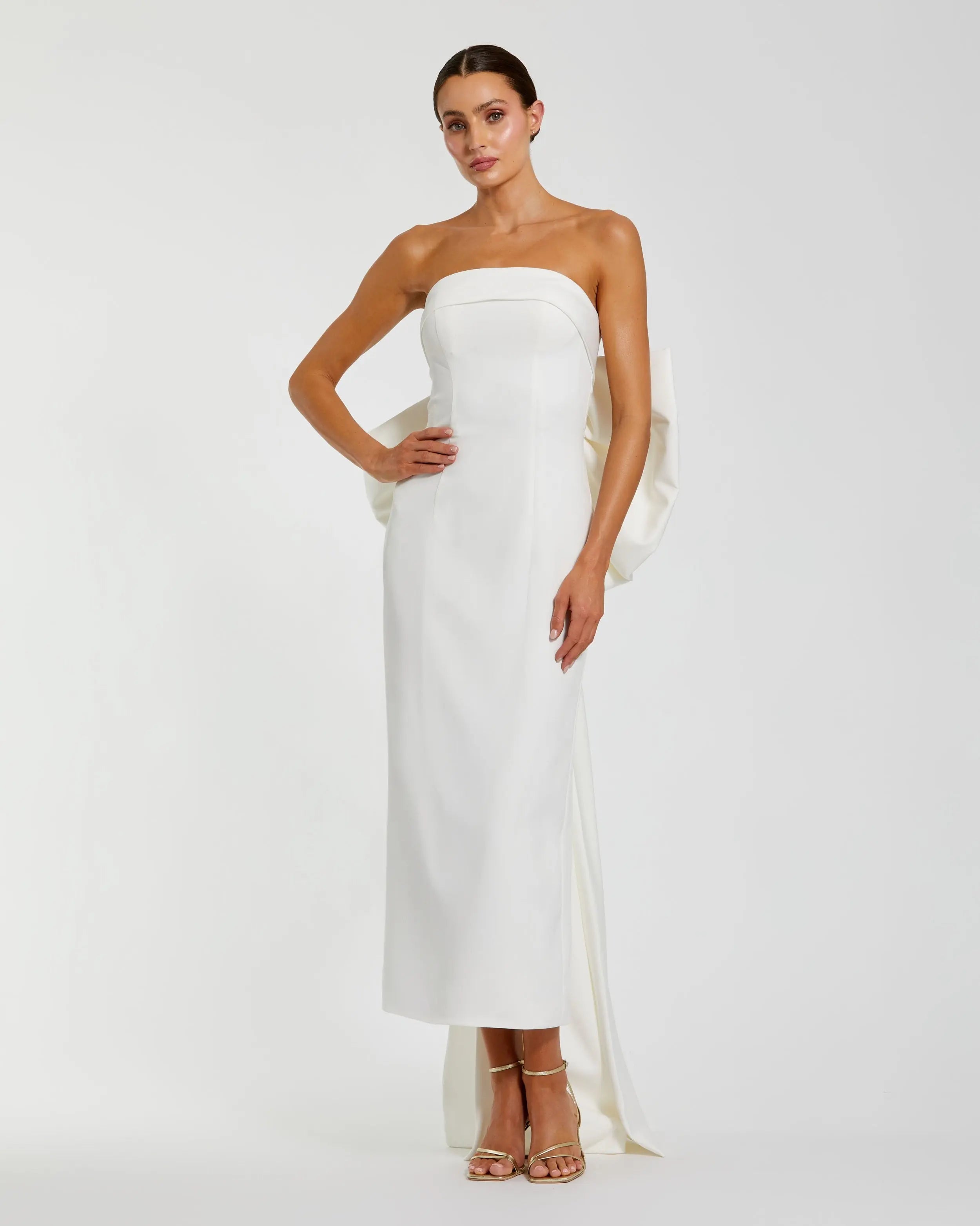 White Strapless Crepe Sheath Dress with Bow-Myartka