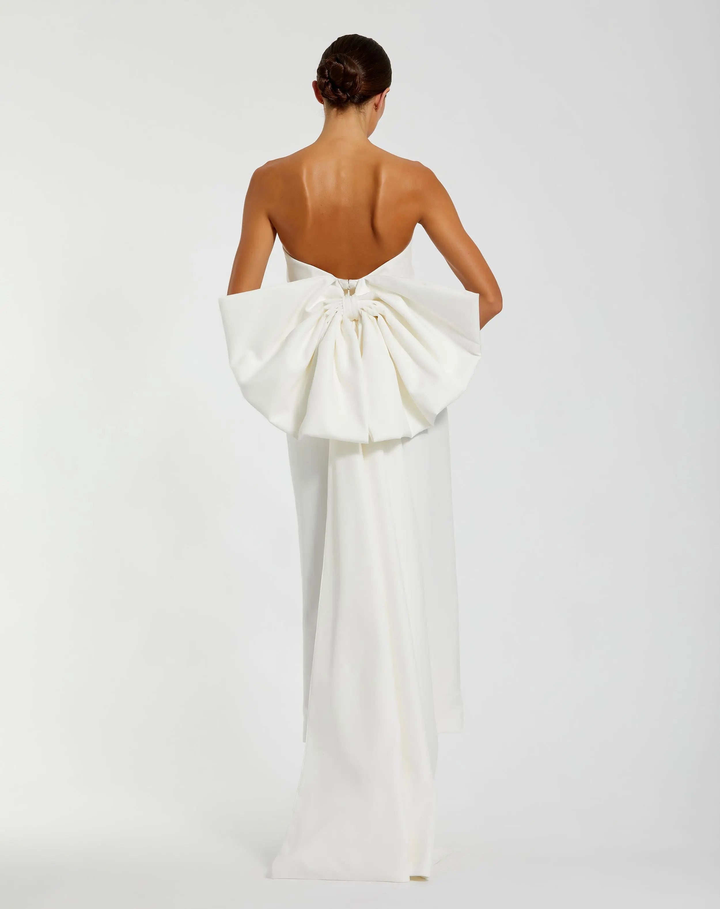White Strapless Crepe Sheath Dress with Bow-Myartka