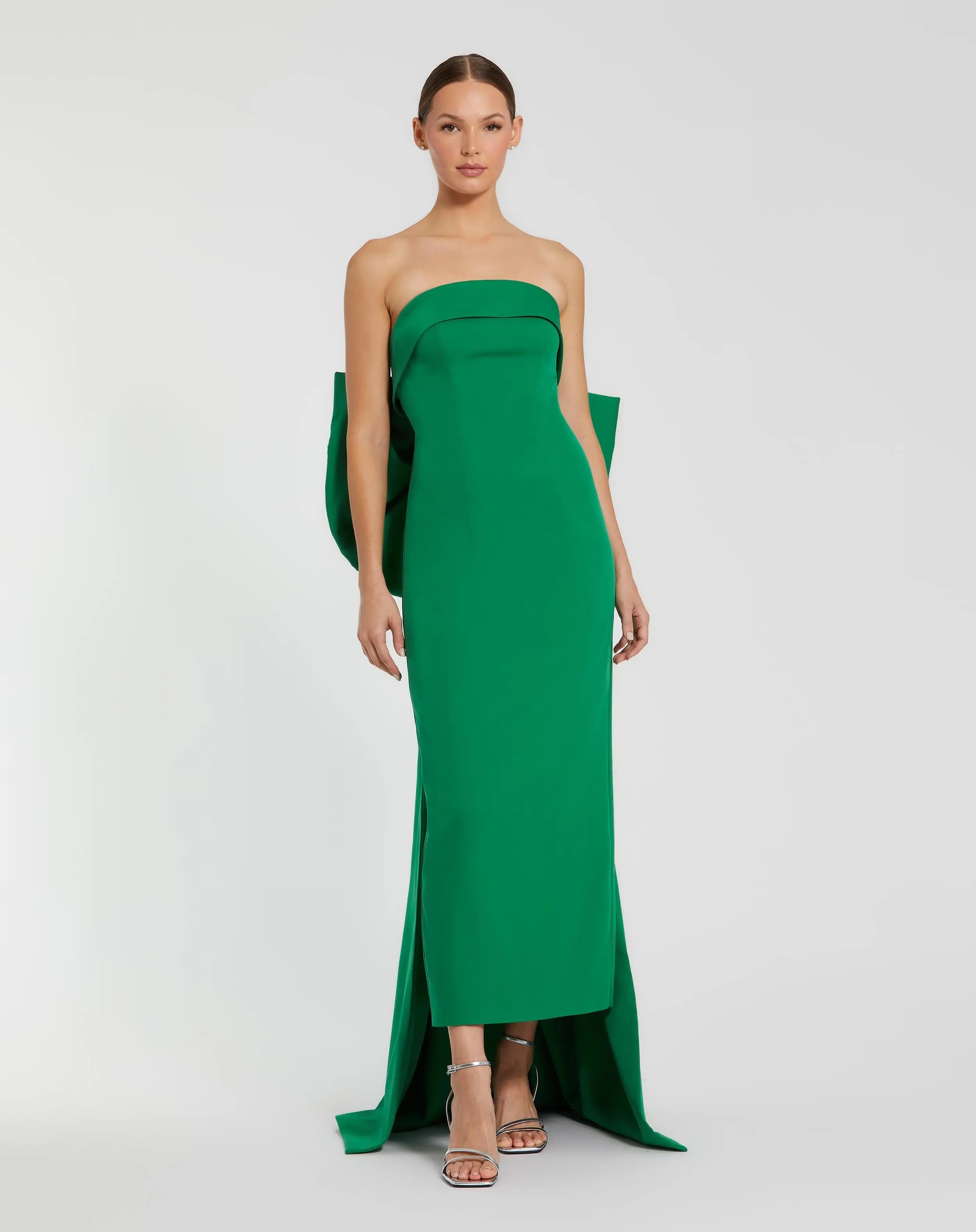 Green Strapless Crepe Sheath Dress with Bow-Myartka