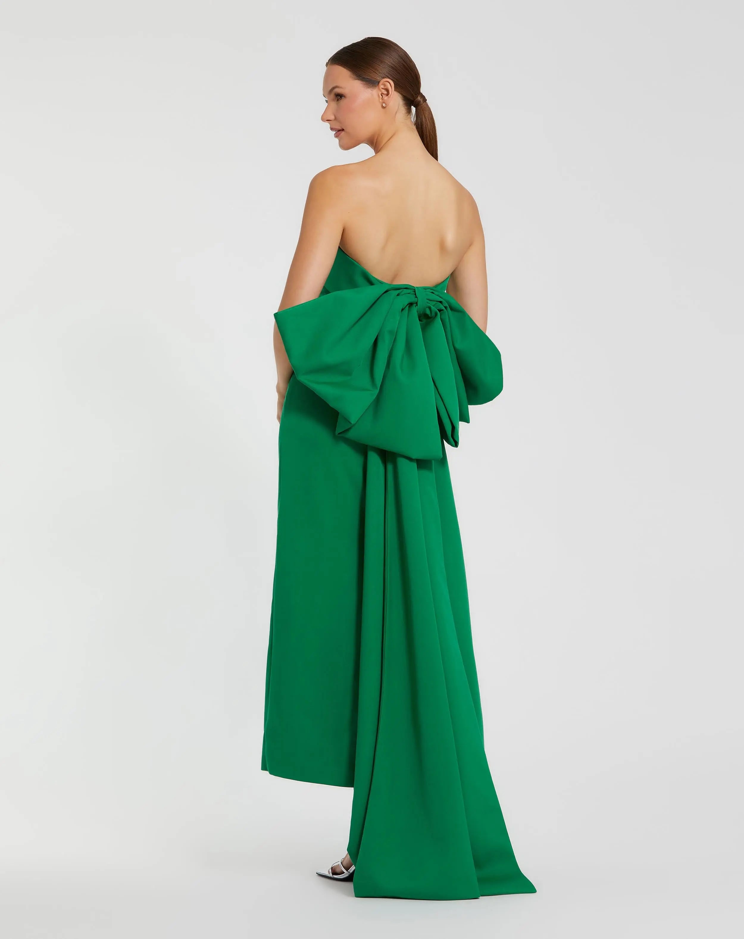 Green Strapless Crepe Sheath Dress with Bow-Myartka