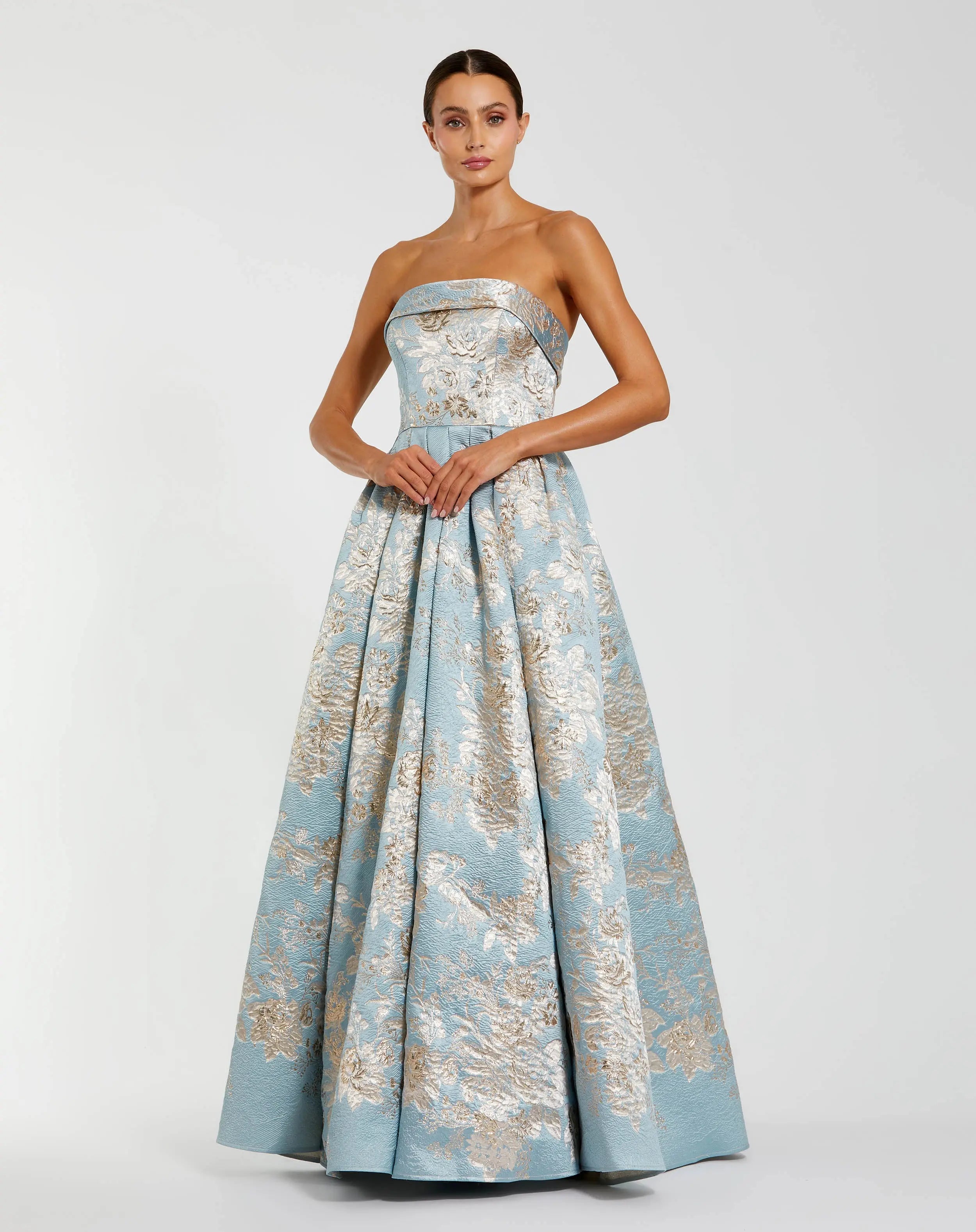 Blue Strapless Brocade Ball Gown with Pockets-Myartka