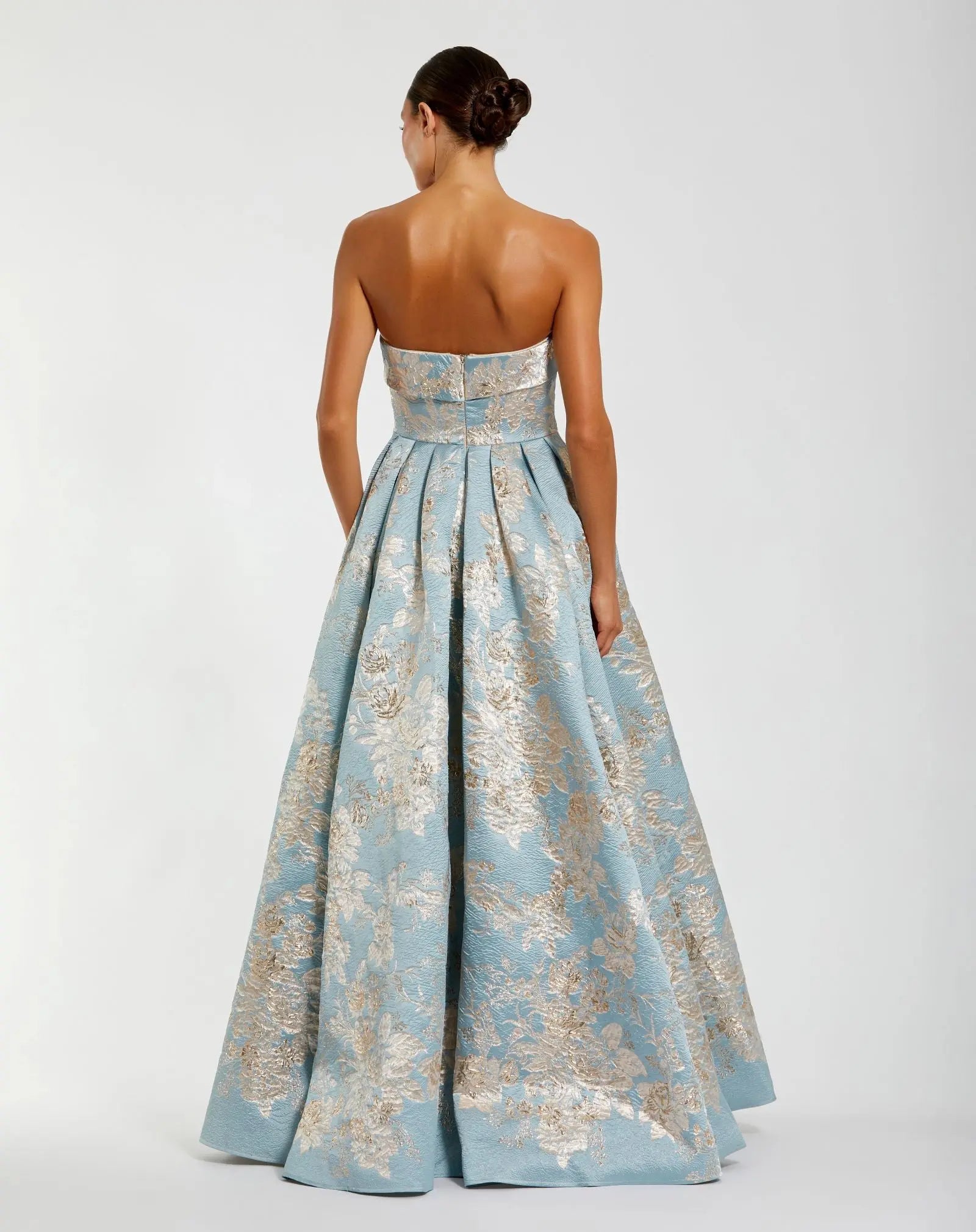 Blue Strapless Brocade Ball Gown with Pockets-Myartka
