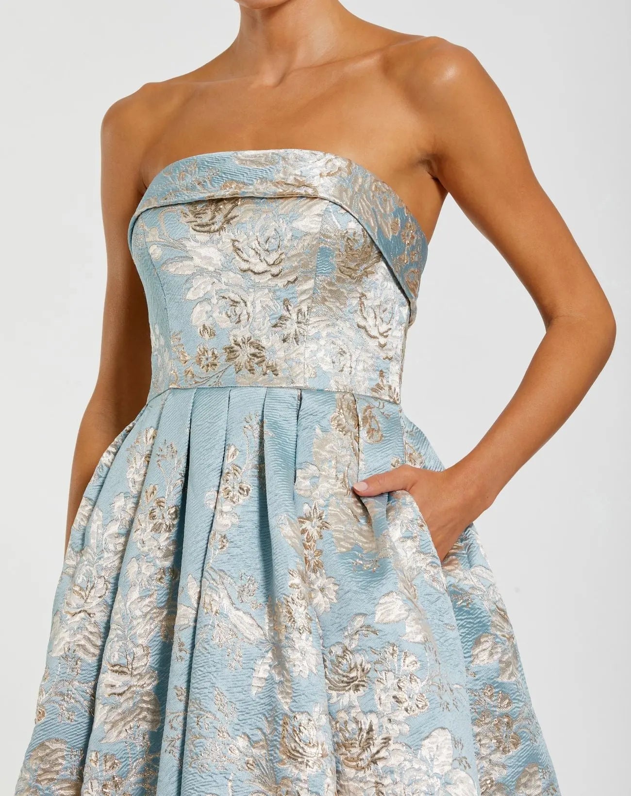 Blue Strapless Brocade Ball Gown with Pockets-Myartka