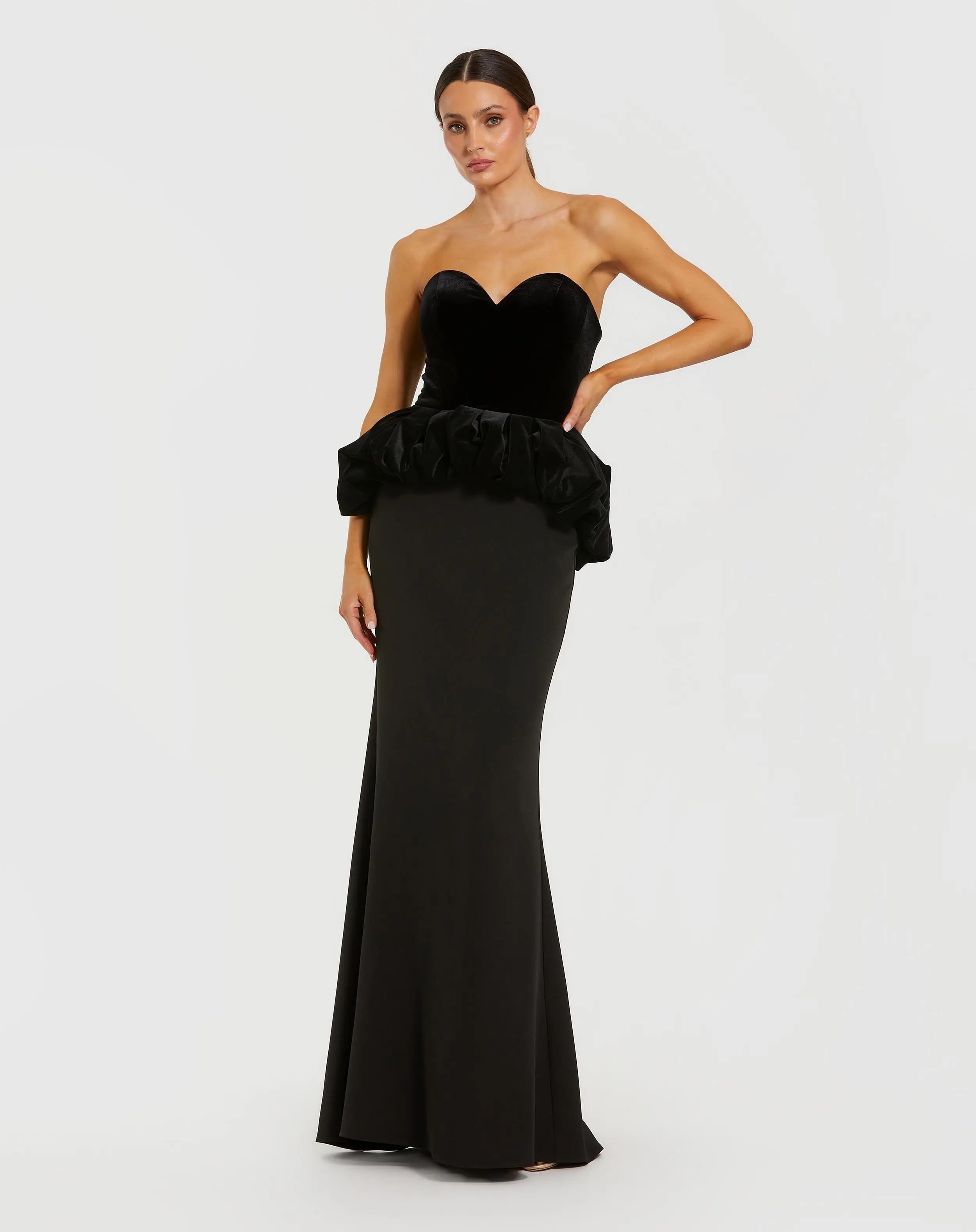 Black Strapless Velvet Peplum Gown-Myartka