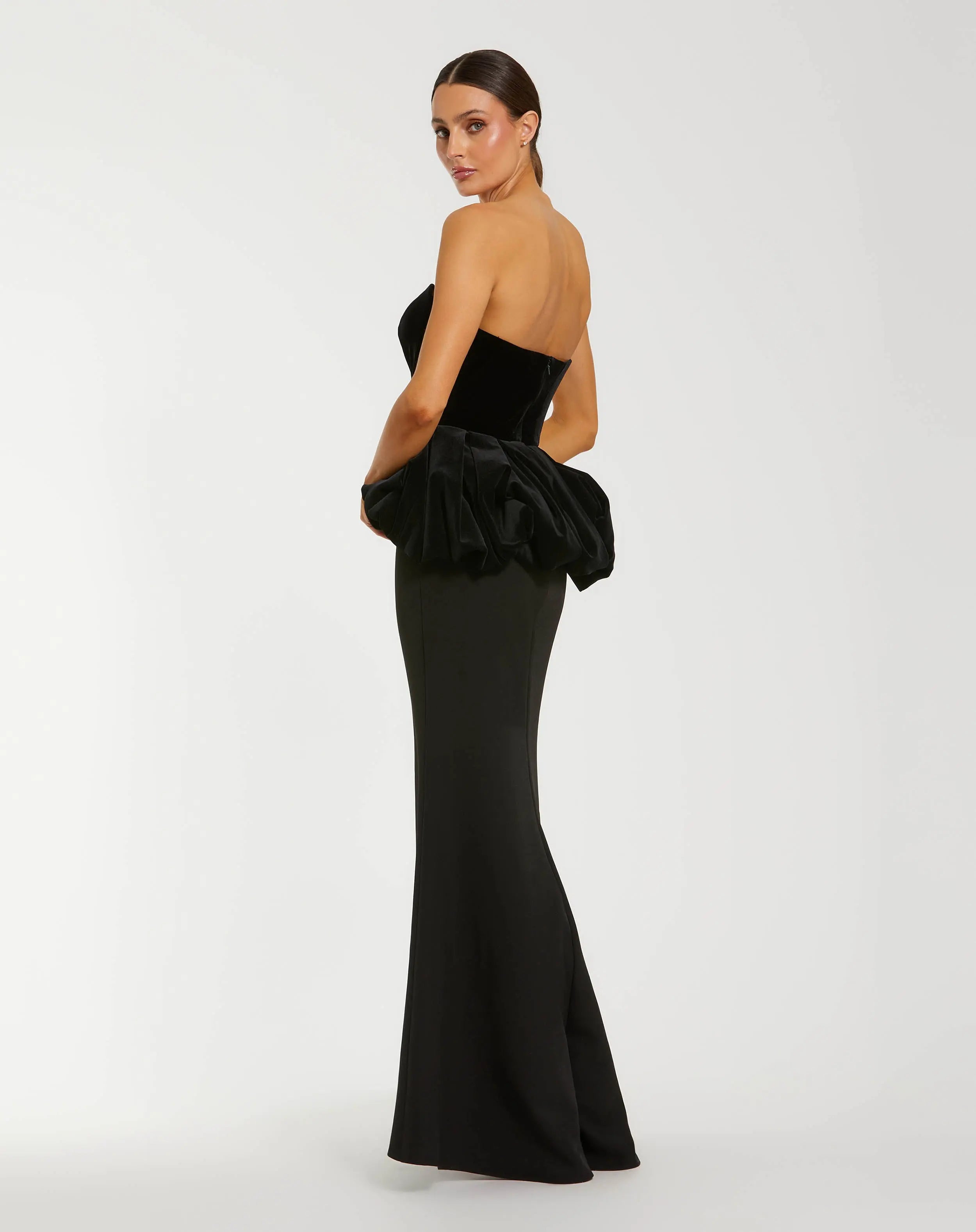 Black Strapless Velvet Peplum Gown-Myartka