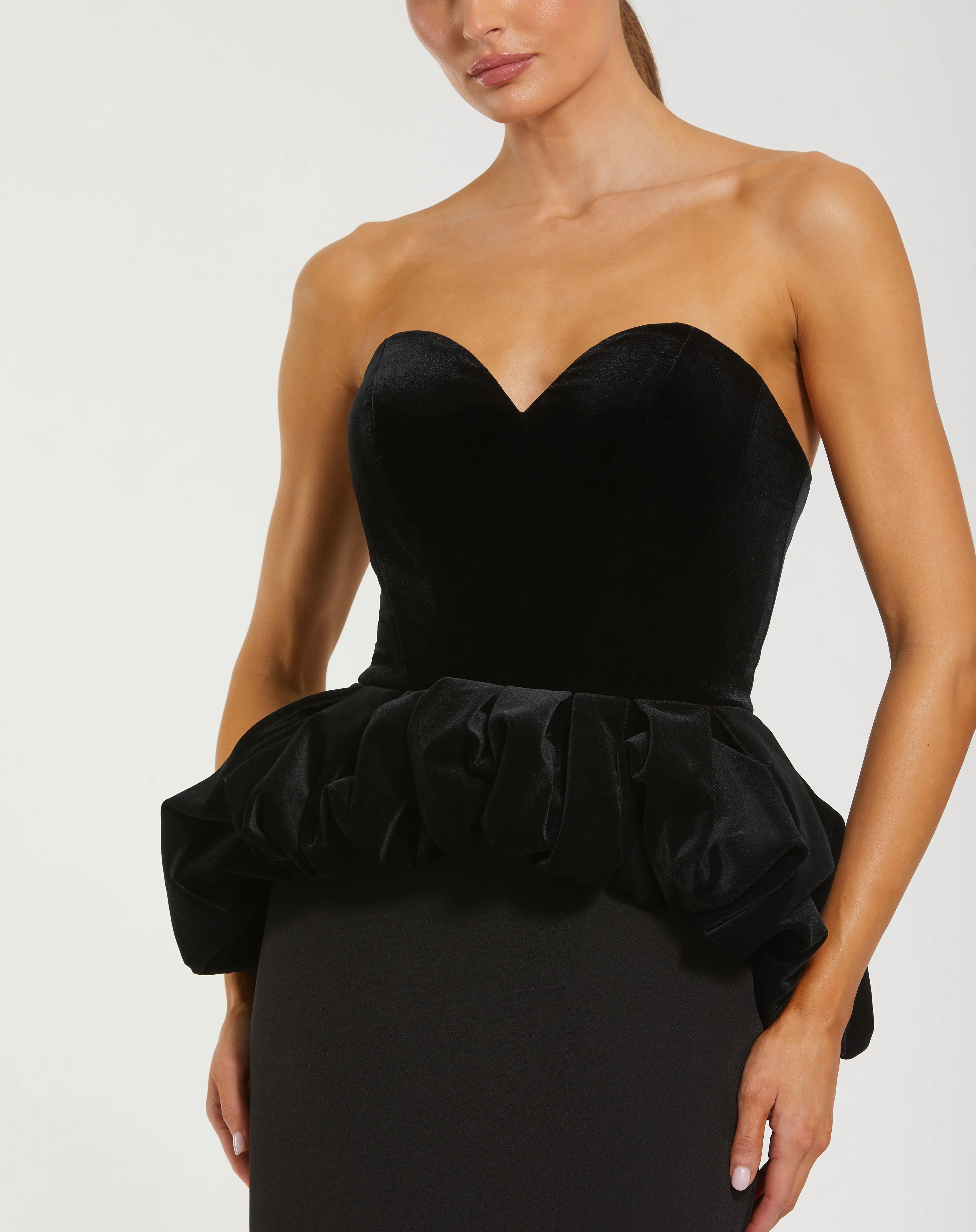 Black Strapless Velvet Peplum Gown-Myartka