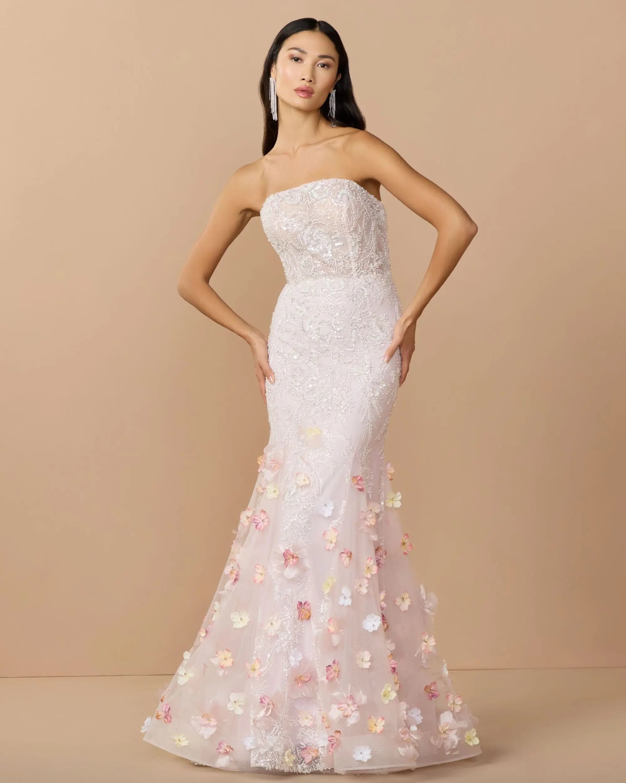 Pink Strapless Embellished Mermaid Gown With 3D Floral Hem-Myartka