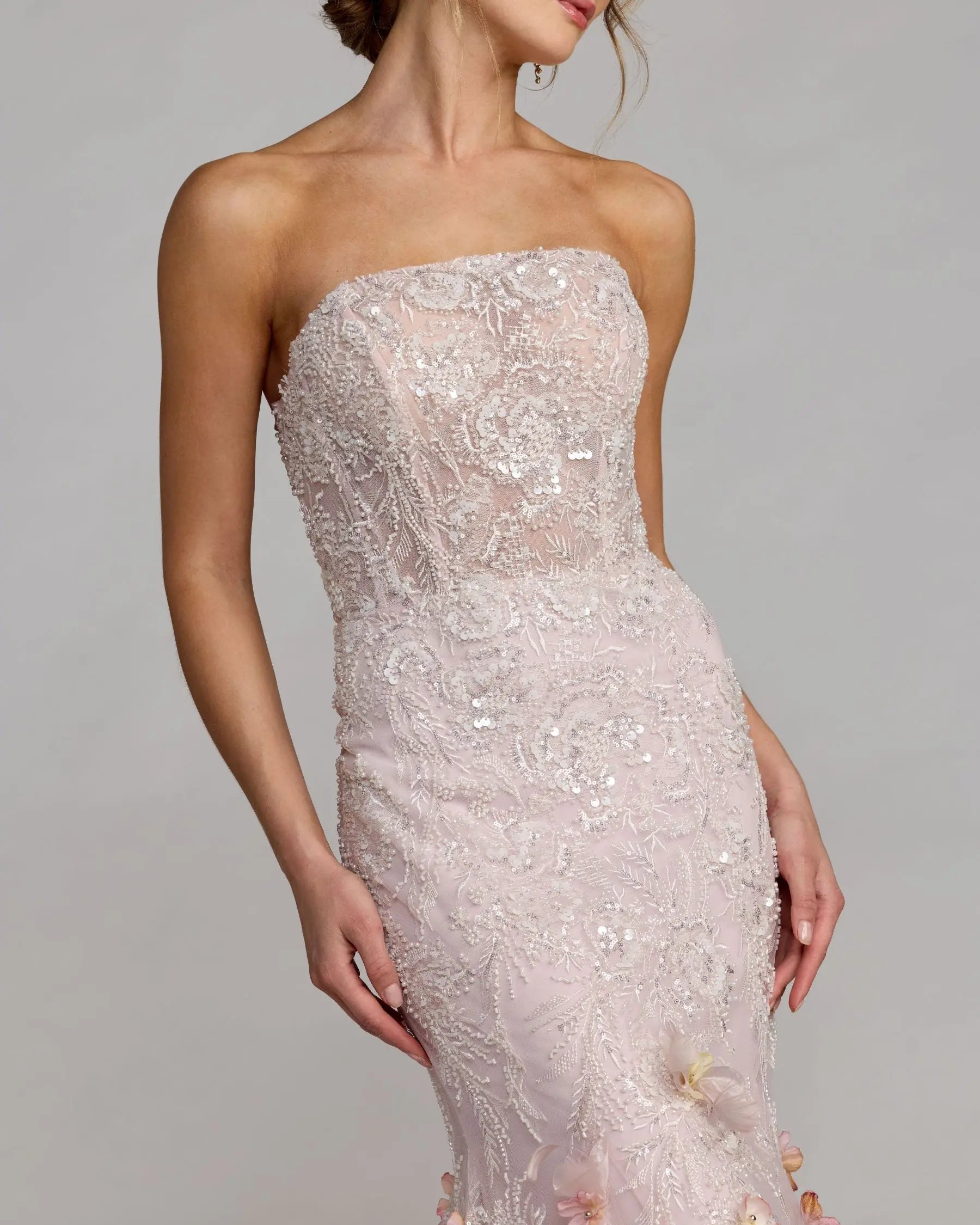 Pink Strapless Embellished Mermaid Gown With 3D Floral Hem-Myartka