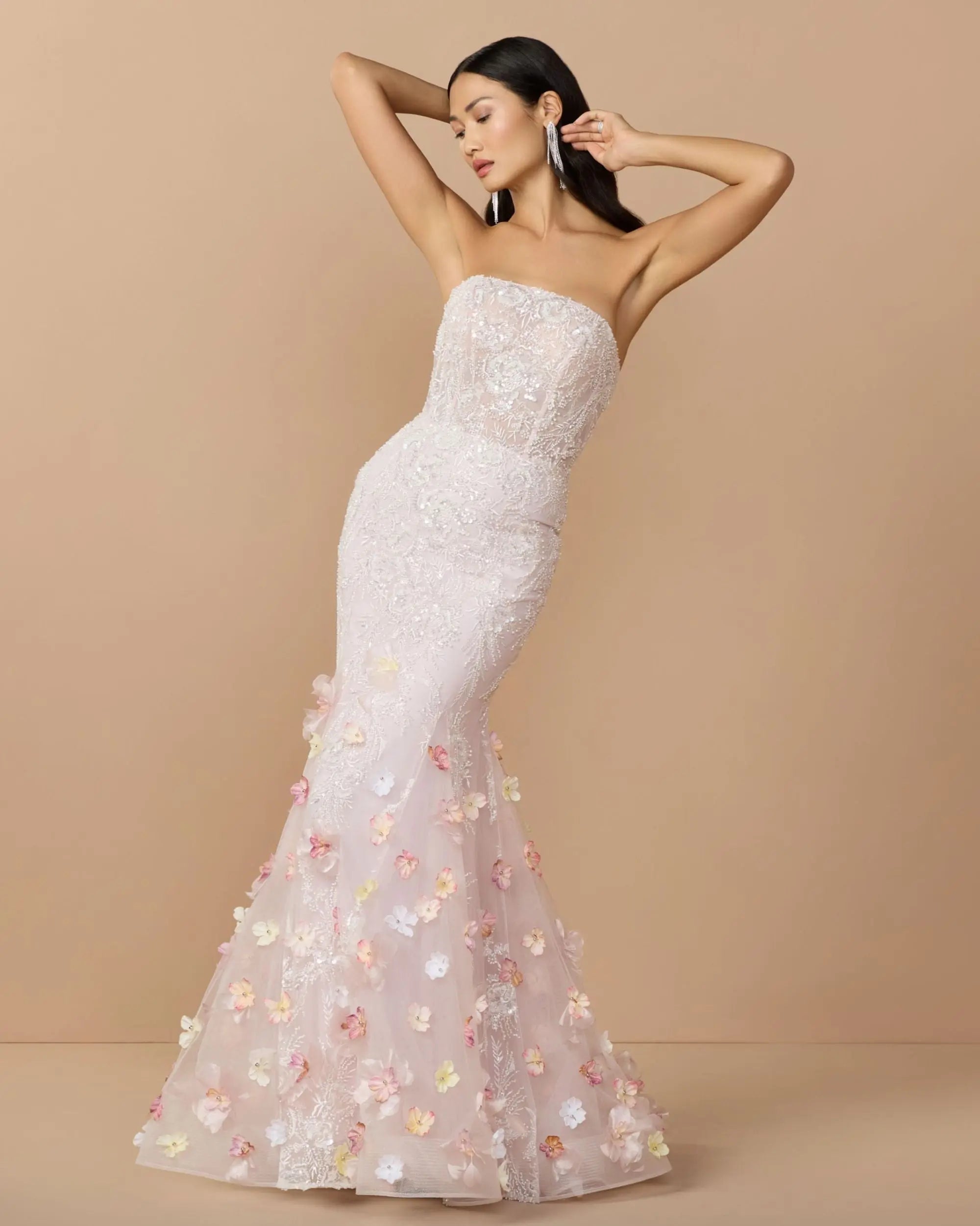 Pink Strapless Embellished Mermaid Gown With 3D Floral Hem-Myartka