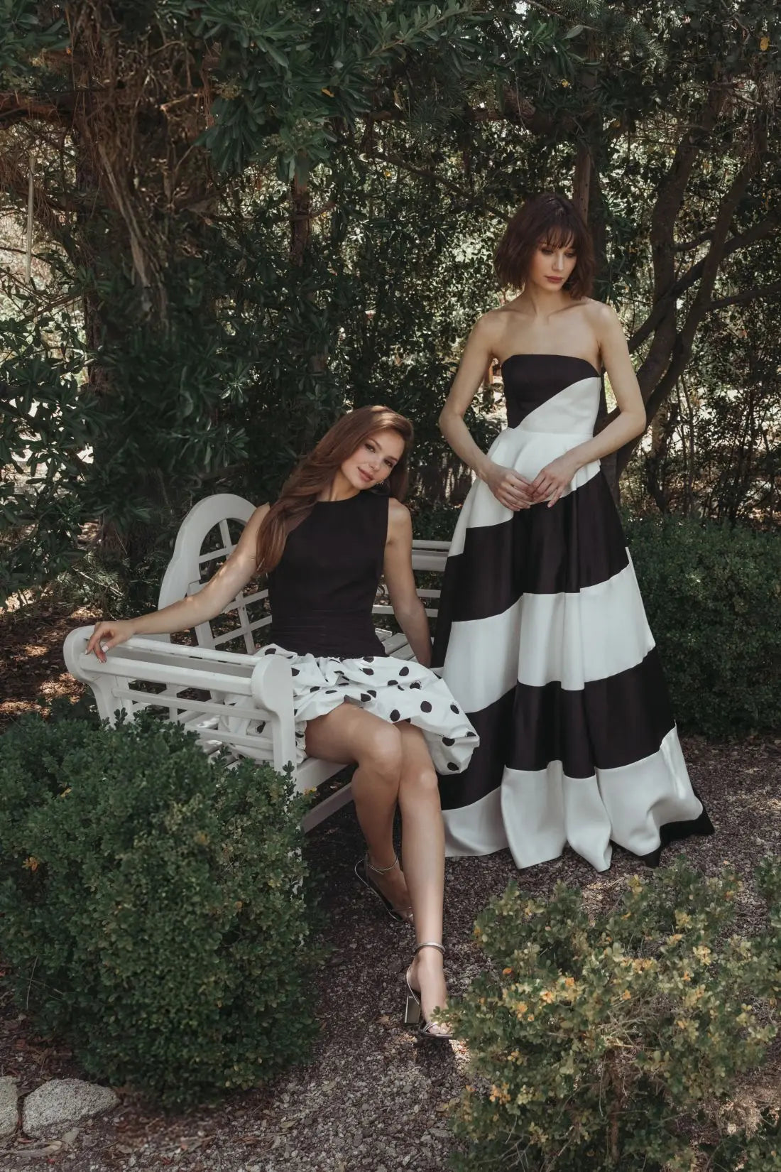 Black and White Striped Satin Strapless Ball Gown-Myartka