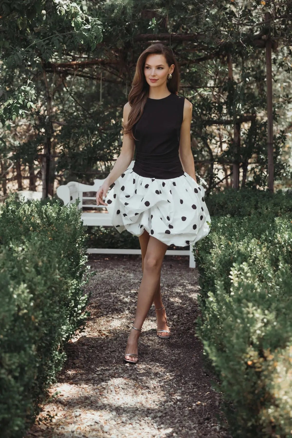 Black and White Polka Dot Bubble Skirt Mini Dress-Myartka