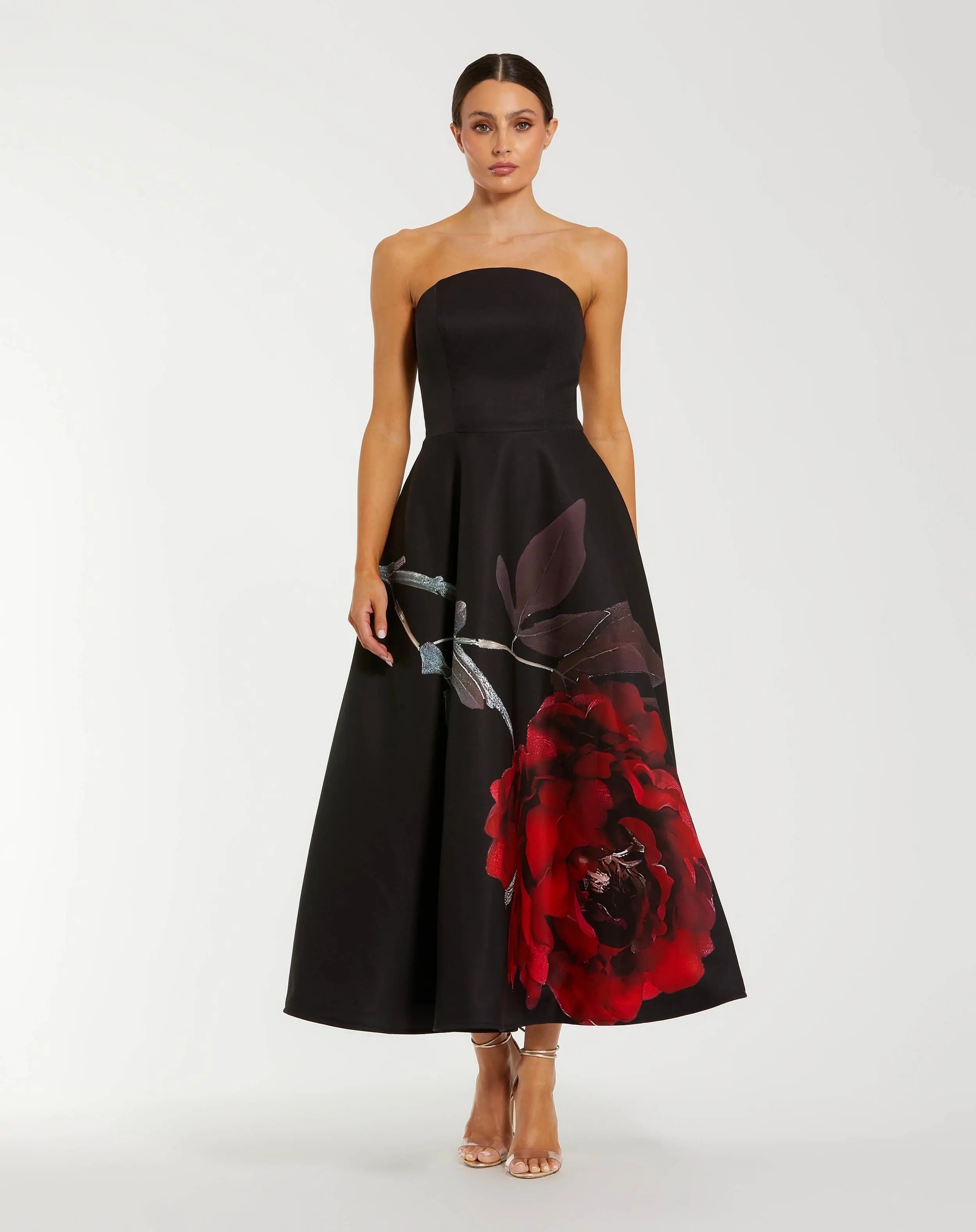 Black Satin Printed Strapless Midi Dress With Pockets-Myartka