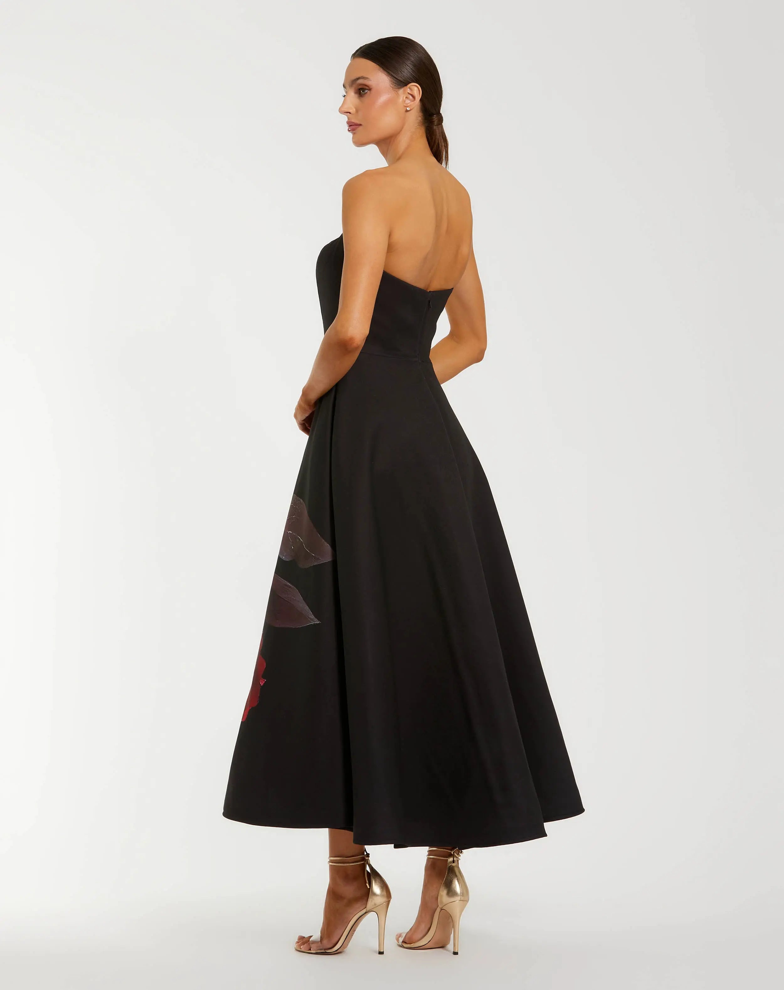 Black Satin Printed Strapless Midi Dress With Pockets-Myartka