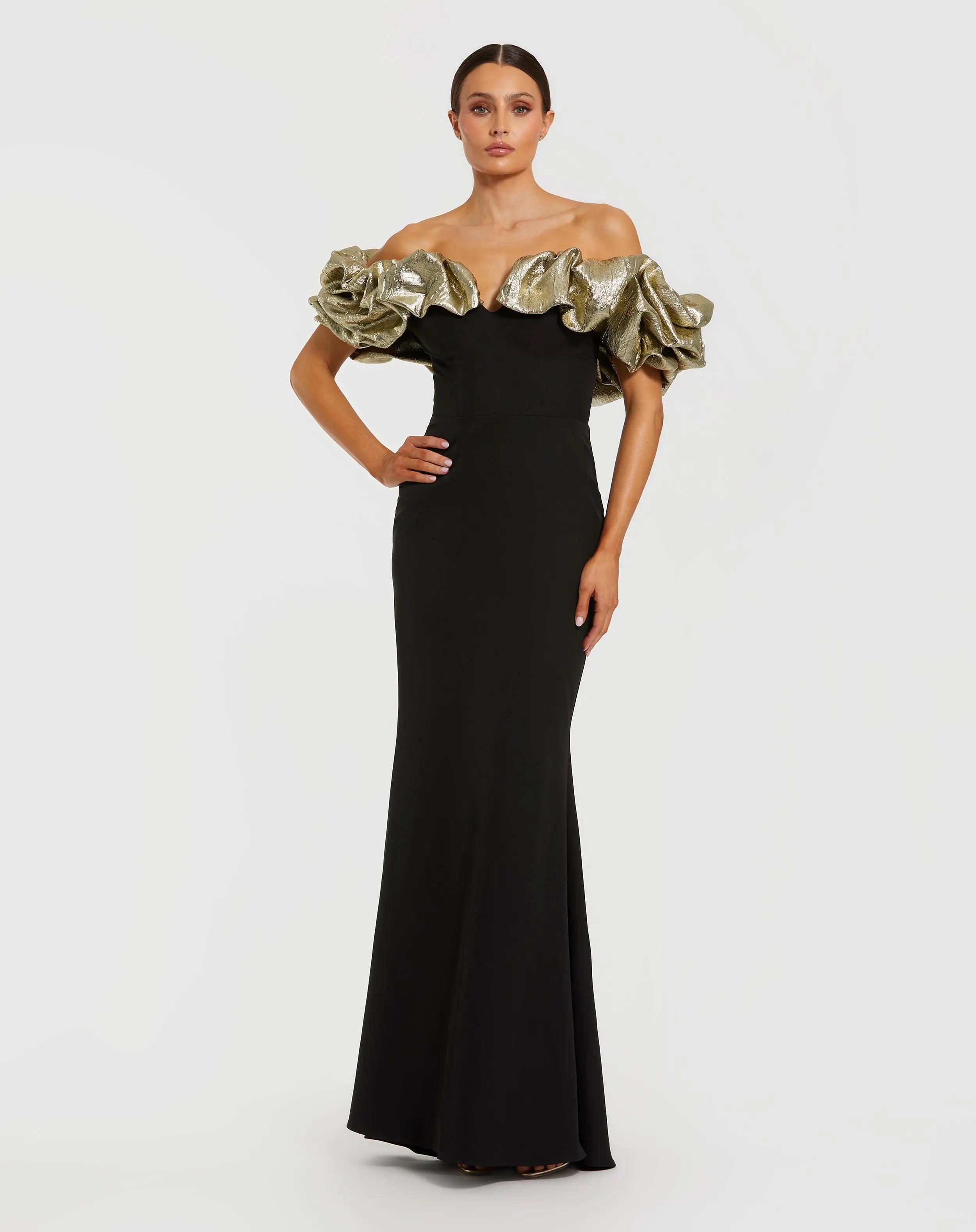 Black Mermaid Gown With Off The Shoulder Ruffle Detail-Myartka