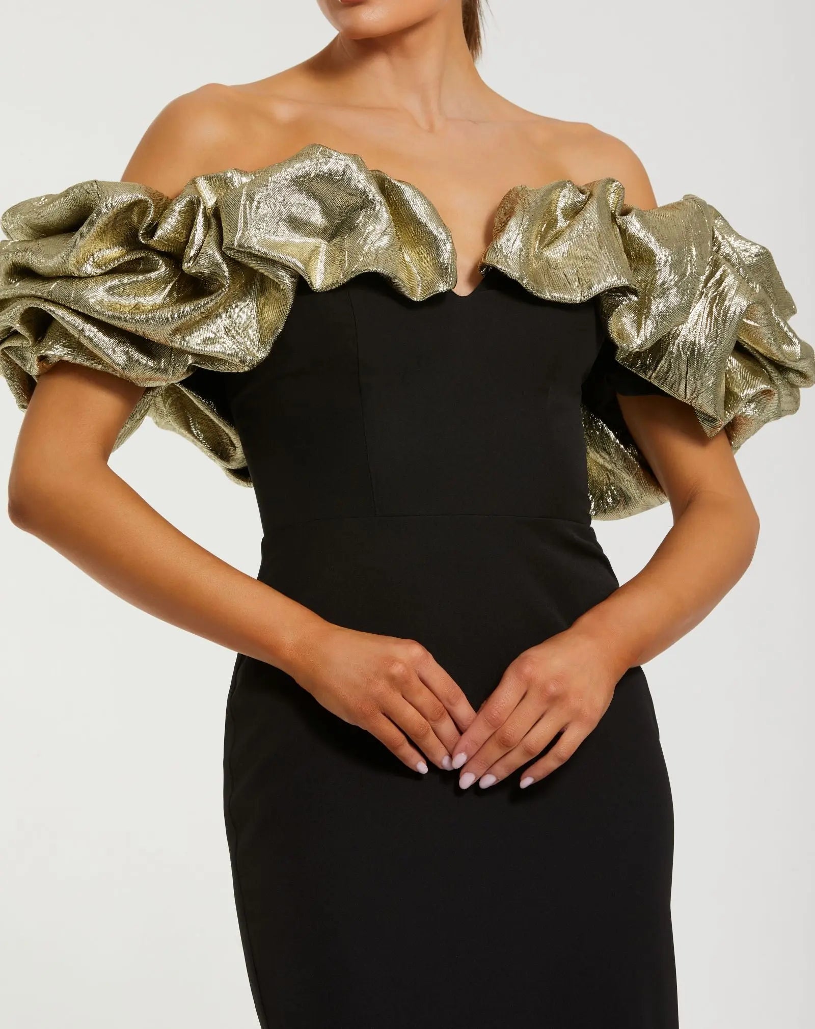 Black Mermaid Gown With Off The Shoulder Ruffle Detail-Myartka