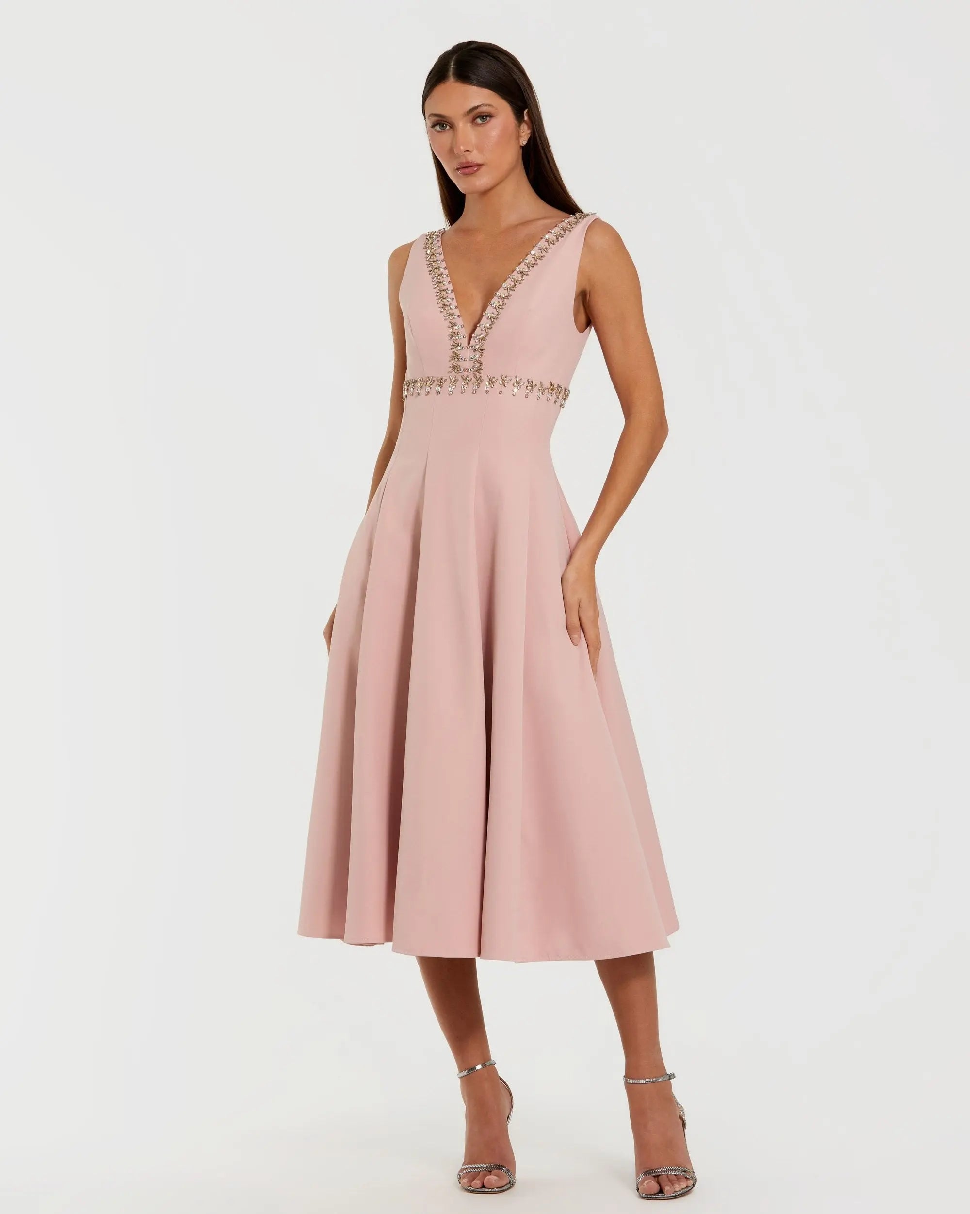 Pink Rhinestone Embellished Crepe A Line Midi Dress-Myartka