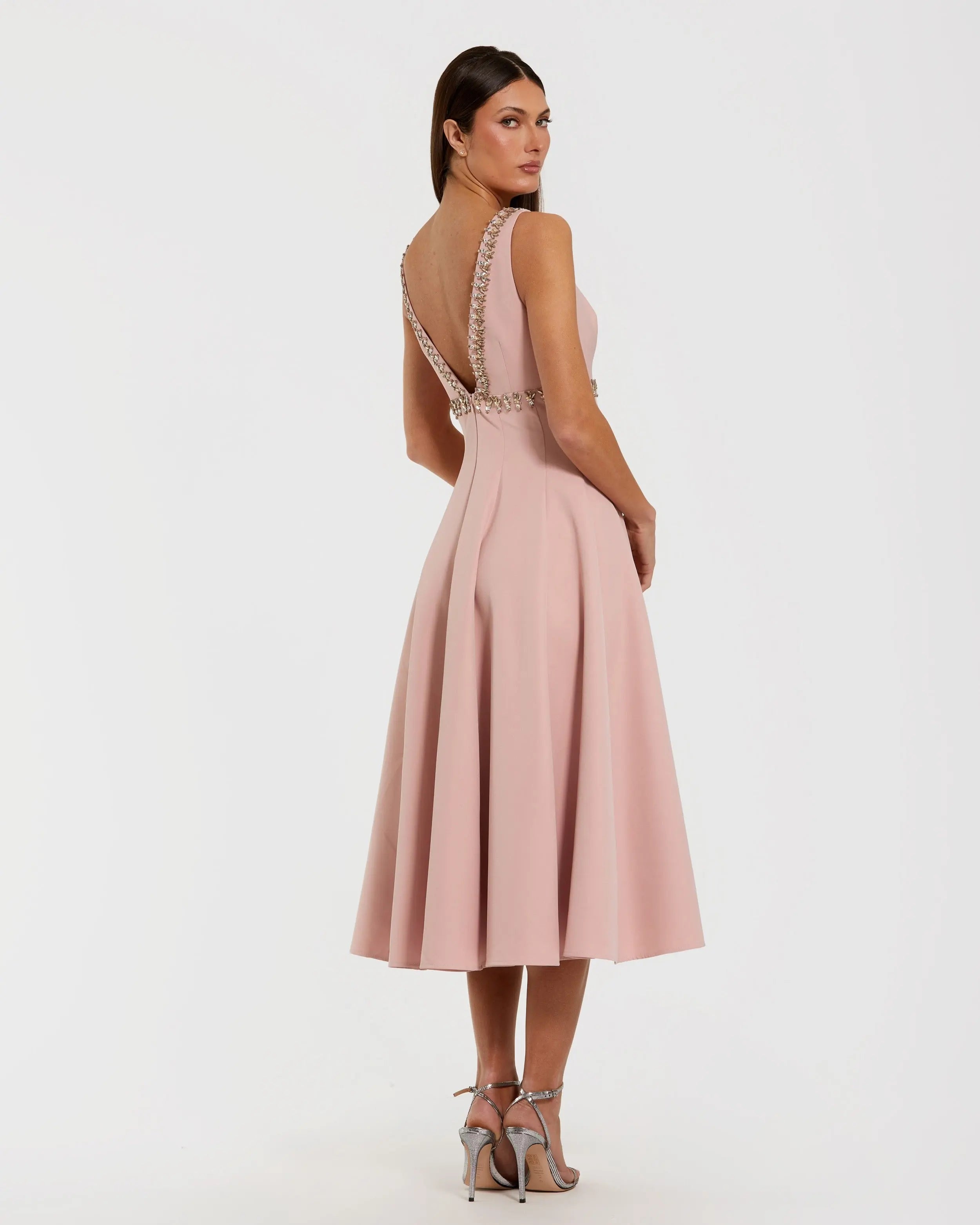 Pink Rhinestone Embellished Crepe A Line Midi Dress-Myartka