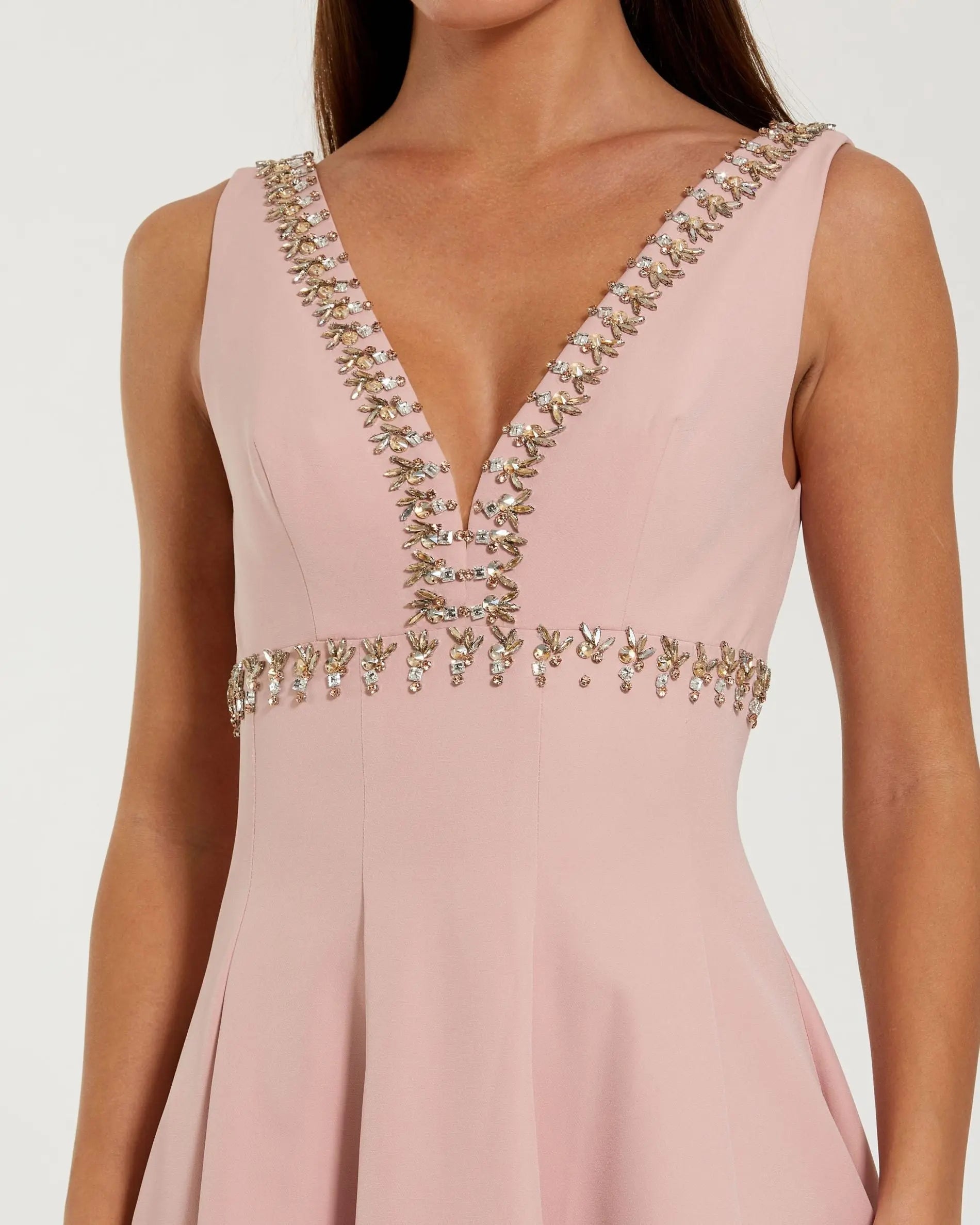 Pink Rhinestone Embellished Crepe A Line Midi Dress-Myartka