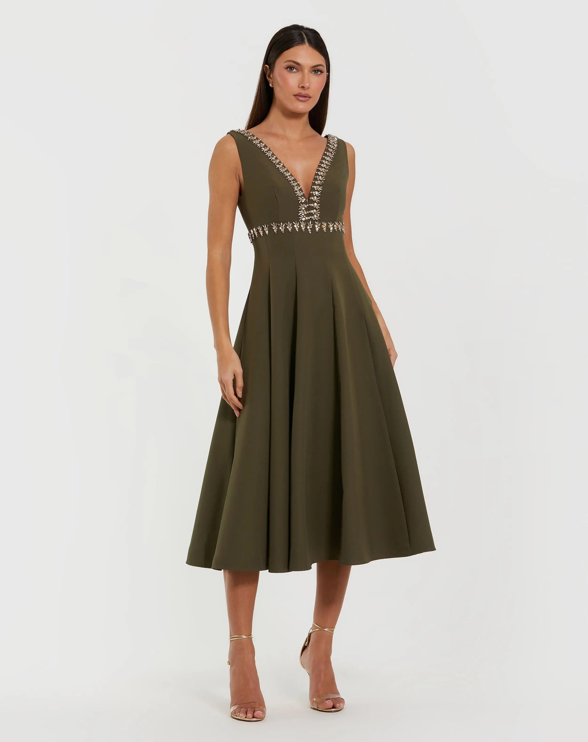 Green Rhinestone Embellished Crepe A Line Midi Dress-Myartka