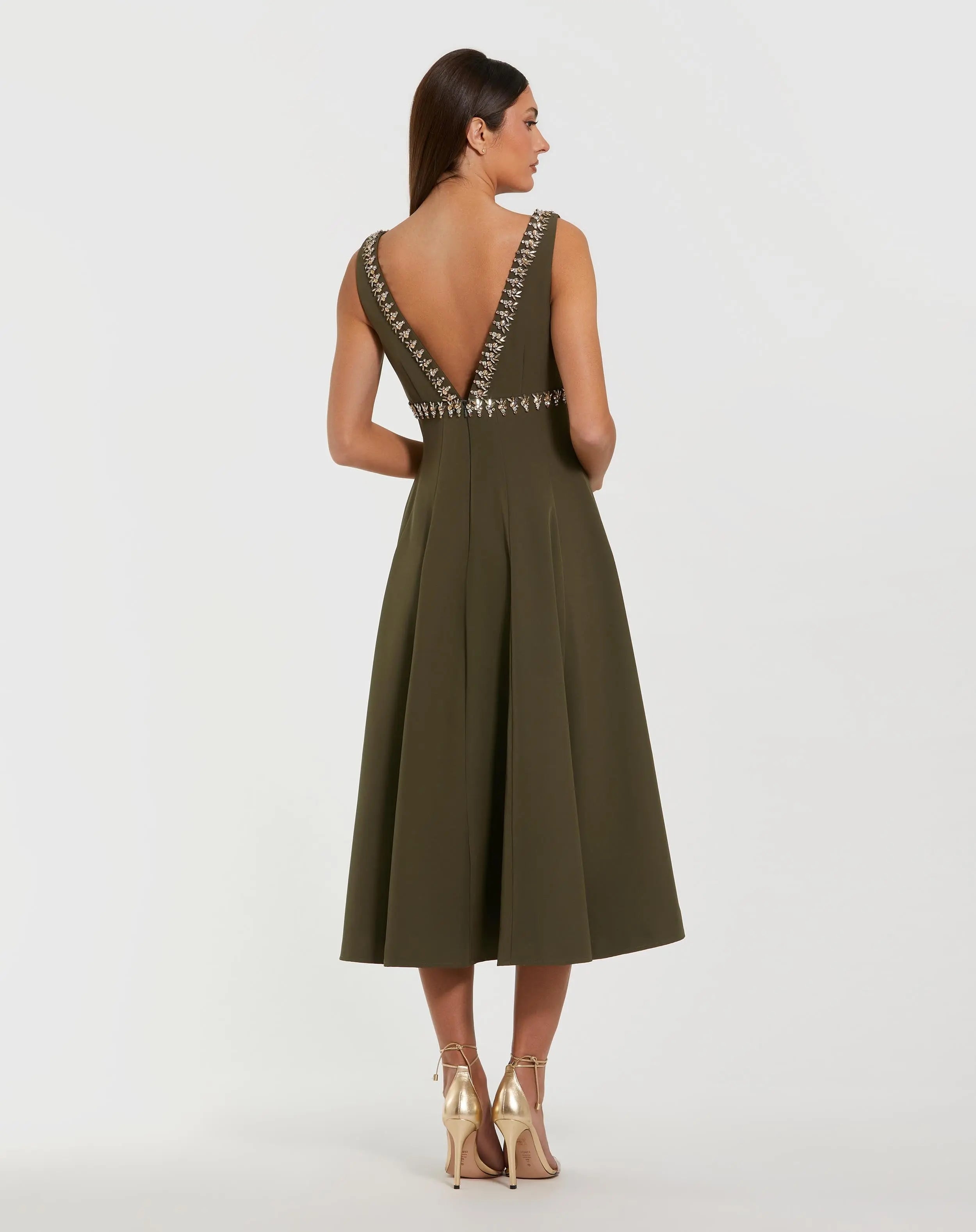 Green Rhinestone Embellished Crepe A Line Midi Dress-Myartka